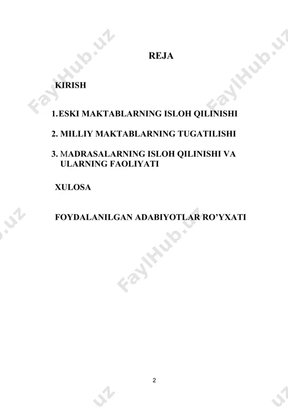 aoliyatini cheklab, ular ustidan doimiy nazorat yuritish siyosatini olib bordi. o’lkada faoliyat yuritgan barcha general-gubernatorlar mahal-liy aholi ijtimoiy-ma’naviy turmush tarzini ruslashtirish siyosatiga urg’u berdilar. ruslashtirish siyosati ta’lim soha-siga ham taalluqli edi, albatta. biroq fevral inqilobi o’lka ijtimoiy-siyosiy va ma’naviy hayotining barcha sohalarida ma’lum o’zgarishlar boshlanishiga turtki berdi. inqilobdan so’ng madrasa, eski maktablar ham o’zlarining erkin faoliyatini olib bordilar. o’lkadagi madrasa, maktablar soni oshib bordi, biroq oktyabr to’ntarishidan so’ng hokimiyat tepasiga kelgan bol-sheviklar madrasa va maktablar faoliyatini cheklash siyosati-ni yuritdi.1 sovet hokimiyati o’rnatilgach, milliy maktab va madrasalar-ning vaqf mulklarini ekspropriatsuya qilish maqsadida doimiy ravishda kurash olib borildi. jumladan, rsfsr hukumatining "er to’g’risida"gi dekretiga asosan barcha yerlar, xususan, vaqf yerlari ham davlat mulkiga aylantirildi. rsfsr xks tomdni-dan chiqarilgan "cherkovni davlatdan va maktabni cherkovdan ajratish to’g’risida"gi dekretga asosan milliy maorif maskan-larida diniy fanlarning o’qitilishi cheklab qo’yildi. dekret chiqarilgandan keyin maktab, madrasalar va ulardagi o’quvchi-lar soni ham keskin kamaydi. vaqf mulklarining ekspropria-siya qilinishi, maktab …