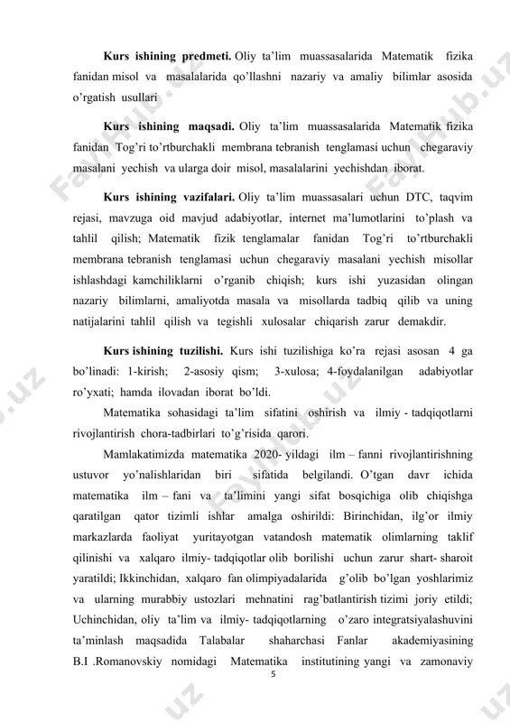 o’tiladigan mavzular bilan uyg’unlashtirilmagan; uchinchidan, matematikaga qiziquvchan, xalqaro olimpiadalar g’oliblari bo’lgan aksariyat iqtidorli yoshlarimiz hududlardan bo’lishiga qaramasdan ularning kelgusi rivojlanishi uchun oliy ta’lim va ilm- fan sohasida zarur shart – sharoit yaratib berilmagan; to’rtinchidan, matematika sohasidagi ilmiy- tadqiqotning amaliyot va ishlab chiqarish bilan bog’liqligi zaifligicha saqlanib qolmoqda; beshinchidan, sohadagi olimlarning xorijiy ilmiy va ta’lim muassasalari bilan aloqalari milliy matematikani jahon miqyosiga olib chiqish, xalqaro hamjamiyatda nufuzini oshirish uchun yetarli emas. ta’limning barcha bosqichlarida matematika fanini o’qitish tizimini yanada takomillashtirish, pedagoklarning samarali mehnatini qo’lla- quvvatlash, ilmiy- tadqiqot ishlarining ko’lamini kengaytirish va amaliy ahamiyatini oshirish, xalqaro hamjamiyat bilan aloqalarni mustahkamlash, shuningdek, 2017- 2021- yillarda o’zbekiston respublikasini rivojlantirishning beshta ustuvor yo’nalishi bo’yicha xarakatlar strategiyasini “ilm, ma’rifat va raqamli iqtisodiyotni rivojlantirish yili ” da amalga oshirishga oid davlat dasturida belgilangan vazifalar ijrosini ta’minlash maqsadida. 1. quyidagilar matematika sohasidagi ta’lim sifatini oshirish , ilmiy- tadqiqotlarni rivojlantirish va ilmiy ishlanmalarni amaliyotga joriy qilishning ustuvor yo’nalishlari etib …