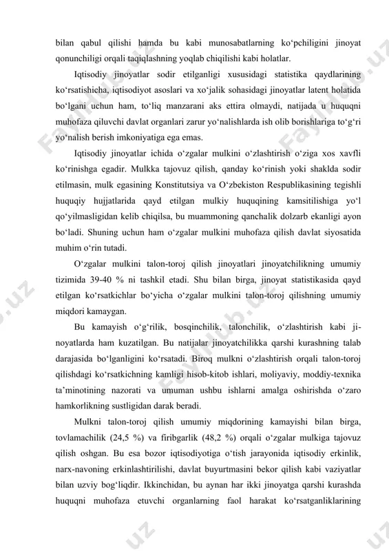 ali talon-toroj qilishdagi ko‘rsatkichning kamligi hisob-kitob ishlari, moliyaviy, moddiy-texnika ta’minotining nazorati va umuman ushbu ishlarni amalga oshirishda o‘zaro hamkorlikning sustligidan darak beradi. mulkni talon-toroj qilish umumiy miqdorining kamayishi bilan birga, tovlamachilik (24,5 %) va firibgarlik (48,2 %) orqali o‘zgalar mulkiga tajovuz qilish oshgan. bu esa bozor iqtisodiyotiga o‘tish jarayonida iqtisodiy erkinlik, narx-navoning erkinlashtirilishi, davlat buyurtmasini bekor qilish kabi vaziyatlar bilan uzviy bog‘liqdir. ikkinchidan, bu aynan har ikki jinoyatga qarshi kurashda huquqni muhofaza etuvchi organlarning faol harakat ko‘rsatganliklarining ifodasidir. o‘zgalar mulkini talon-toroj qilishda o‘g‘rilik jinoyati tub ma’noda yetakchi o‘rin tutadi. shunday bo‘lsa-da, yuqorida ta’kidlanganidek, o‘g‘rilik jinoyatlarining kamayishiga erishilmoqda. o‘g‘rilik jinoyatlarining sodir etilishi shahar va shaharchalarga nisbatan qishloqlarda ko‘proq kuzatiladi. biroq, o‘g‘rilik jinoyatining obyektidan kelib chiqib baho berilsa, qishloqlarda ayrim o‘g‘rilik jinoyatlari oshgan. shunga ko‘ra, o‘g‘rilik jinoyatlarining tarqalishini quyidagicha izohlash mumkin: 1) xonadonlarga kirish yo‘li bilan; 2) qoramollarni haydab ketish bilan; 3) ko‘chalardagi; 4) transport vositalari bilan bog‘liq; 5) transport vositalaridagi (shu …