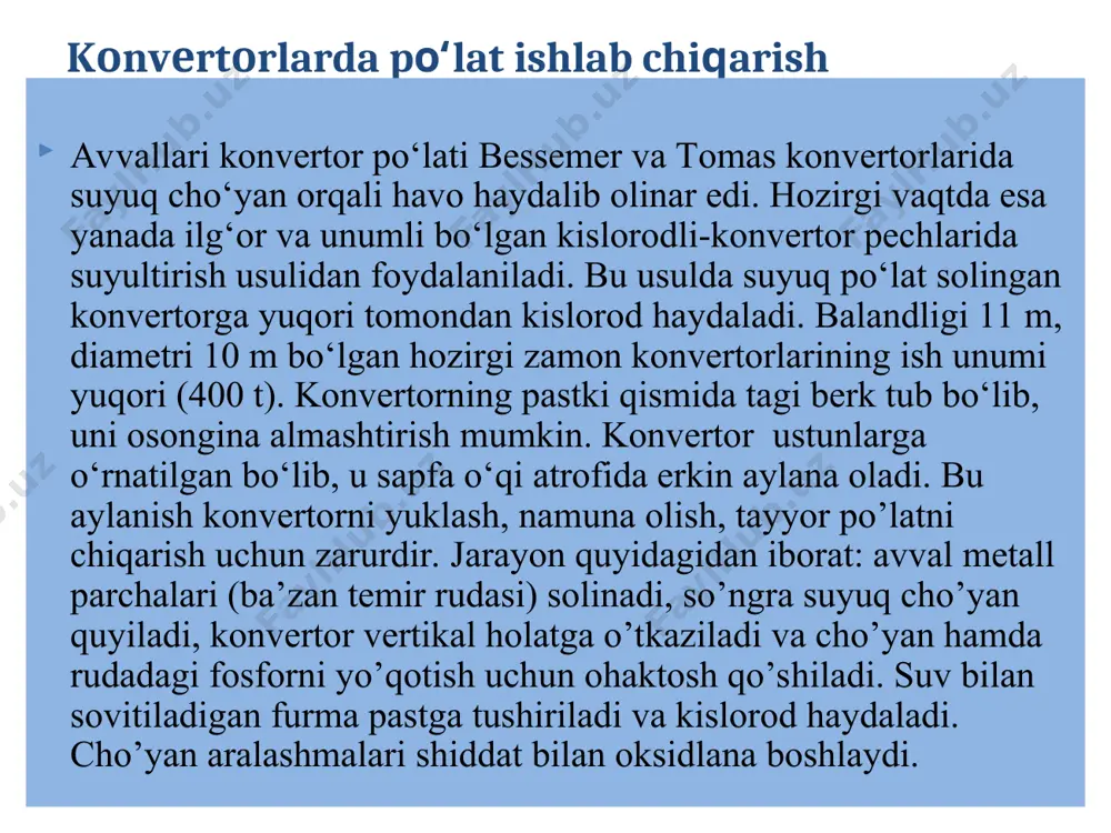 po’lat ishlab chiqarishning mоhiyati nimada? elektr pechlarida qanday po’latlar ishlab chiqariladi? elektr yoy pechining mоhiyati nimada? induksiоn pechlarda qanday mahsulоtlar ishlab chiqariladi? tayanch ibоralari *