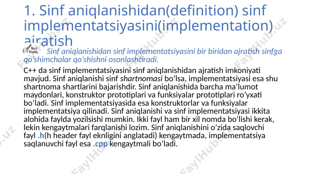 i oshirish uchun qisqa funksiyalarni inline funksiyalar sifatida aniqlashingiz mumkin. sinf aniqlanishida funksiya implementatsiya qilinsa, u avtomatik ravishda inline funksiyaga aylanadi. bu jarayon inline aniqlanish deb ham ataladi. misol uchun, quyidagi a sinf aniqlanishida konstruktor va f1 funksiya inline funksiyalar, ammo f2 bunday emas. 3. sinflarda inline funksiyalar 3. sinflarda inline funksiyalar sinflar uchun inline funksiyalarni yaratishning boshqa yo’li ham mavjud. inline funksiyalarni sinf implementatsiyasida ham aniqlash mumkin. misol uchun, f2 funksiyani inline kalit so’zi yordamida quyidagicha inline funksiyaga aylantiramiz: inline double a::f2() { //son qaytarish } 4. ma’lumot maydoni inkapsulyatsiyasi ma’lumot maydonini yopish (private) ma’lumotni himoyalaydi va sinfga qo’shimchalar kiritishni osonlashtiradi. inkapsulyatsiyalashning muhimligiga ikki sabab: ma’lumotlarni o’zgarib qolishidan himoya qilish; sinfga qo’shimchalar qo’shish va xatoliklarni bartaraf qilishni osonlashtirish. 4. ma’lumot maydoni inkapsulyatsiyasi ma’lumot maydonini yopib qo’yish uchun private kalit so’zidan foydalaniladi. bu jarayon ma’lumot maydoni inkapsulyatsiyasi deyiladi. circle sinfida ma’lumot maydonini yopish uchun quyidagicha o’zgarish kiritiladi: 4. ma’lumot maydoni …