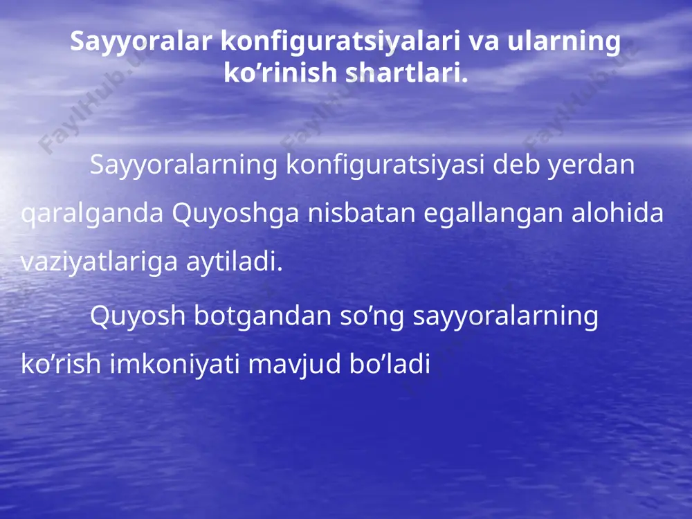 ar edilar. aynan shu kuch tomonidan yaratilgan degan fikrda edilar. yerda kuzatilayotgan ko’plab fizik va biologik hodisalarning ketishi hususan iqlimning o’zgarishi hilma xil kasalliklarning davriy ravishda takrorlanishi ionosferada hodisalar magnit maydoni bo’ronlari va kosdmanavtlar uchun radiatsiya havfining tug’ilishi bularning quyoshda ro’y beradigan turli aktiv jarayonlar sababchi ekani bizga anchadan beri ma’lum. adabiyotlar martinov v. ya. “kurs ovshiy astrofiziki” m. 1986. sattorov. i. “quyosh fizikasi” m. 1986y. sattorov. i. “kosmik stansiyalar sayyoralarni tekshiradi” m. 1976y. rahimov a. o’. “elektrodinamika nisbiylik nazariyasi” e’tiboringiz uchun raxmat image2.png image3.jpeg image4.jpeg image5.jpeg image6.jpeg image7.jpeg image1.jpeg