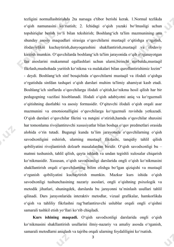 fasi hisoblanadi. ifodali o‘qish adabiyotni aniq va ko‘rgazmali o‘qitishning dastlabki va asosiy formasidir. o‘qituvchi ifodali o‘qish orqali asar mazmunini va emotsionalligini o‘quvchilarga ko‘rgazmali ravishda yetkazadi. o‘qish darslari o‘quvchilar fikrini va nutqini o‘stirish,hamda o‘quvchilar shaxsini har tomonlama rivojlantiruvchi xususiyatlar bilan boshqa o‘quv predmetlari orasida alohida o‘rin tutadi. bugungi kunda ta’lim jarayonida o‘quvchilarning o‘qish savodxonligini oshirish, ularning mustaqil fikrlashi, tanqidiy tahlil qilish qobiliyatini rivojlantirish dolzarb masalalardan biridir. o‘qish savodxonligi bu – matnni tushunish, tahlil qilish, qayta ishlash va undan tegishli xulosalar chiqarish ko‘nikmasidir. xususan, o‘qish savodxonligi darslarida ongli o‘qish ko‘nikmasini shakllantirish orqali o‘quvchilarning bilim olishga bo‘lgan qiziqishi va mustaqil o‘rganish qobiliyatini kuchaytirish mumkin. mazkur kurs ishida o‘qish savodxonligi tushunchasining nazariy asoslari, ongli o‘qishning psixologik va metodik jihatlari, shuningdek, darslarda bu jarayonni ta’minlash usullari tahlil qilinadi. dars jarayonlarida interaktiv metodlar, vizual grafikalar, hamkorlikda o‘qish va tahliliy fikrlashni rag‘batlantiruvchi uslublar orqali ongli o‘qishni samarali tashkil etish yo‘llari ko‘rib chiqiladi. kurs ishining maqsadi. o‘qish savodxonligi …