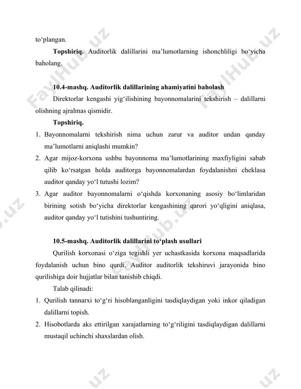 tutash maydondagi ta’mirlash ishlari barcha moddiy qiymatliklar yonib ketishiga olib kelgan yong‘in chiqishiga sabab bo‘lgan. 2) omborxonalarga tutash maydondagi ta’mirlash ishlari suv ta’minoti tizimidagi nosozliklarga sabab bo‘lgan. omborxona binolarini suv bosishi natijasida moddiy qiymatliklar to‘liqligicha yoki qisman ishlab chiqarish maqsadlariga yaroqsiz holga kelgan. talab qilinadi: 1. yetkazilgan zararni baholashni amalga oshirish uchun auditor qanday dalillarni to‘plashi kerakligini aniqlang. 2. yetkazilgan zararni auditor qanday aniqlashi mumkin? test savollari 1. tovlamachilik bu nima degani? a) moliyaviy hisobotni bilmay turib buzish b) moliyaviy hisobot ma’lumotlarini ikki va undan ortiq xodimlar bilan kelishib buzib ko‘rsatish c) moliyaviy hisobotni ataylab buzish d) moliyaviy hisobotni xato qilish sababli buzish 2. auditorning ish hujjatlariga kim egalik qiladi? a) mijoz b) yuqori tashkilot c) auditorlik tashkiloti d) moliya vazirligi 3. mijoz-korxona tomonidan auditorga taqdim qilingan ish hujjatlari kimning mulki hisoblanadi? a) mijoz-korxona mulki b) auditorning mulki c) davlat mulki d) hech kimniki 4. ish hujjatlari xo‘jalik yurituvchi subyektlardan …