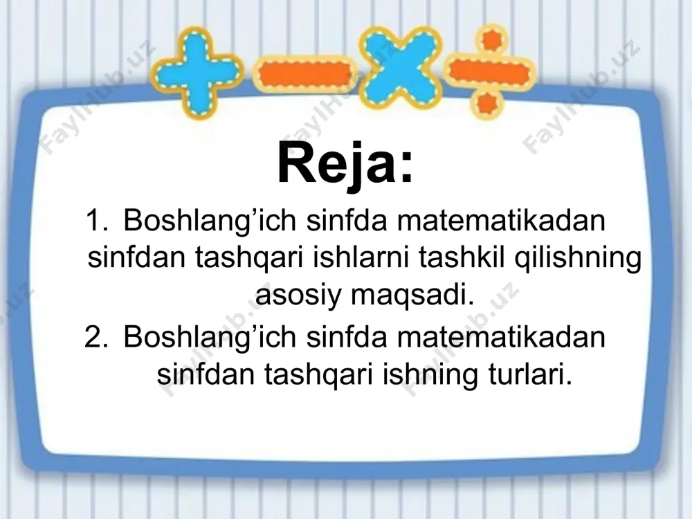 yatlarga ega: 1.o`z mazmuni bo`yicha matеmatika dasturiga taa’lluqli emas. ammo bеriladigan bilimlar o`quvchilarning kuchiga mos bo`lishi kеrak. 2.sinfdan tashqari ishlar imkoni boricha barcha o`quvchilarni jalb qilishi, ya'ni qiziqarli bo`lishi zarur. 3.sinfdan tashqari ishlar ixtiyoriylik tamoyiliga asosan tashkil qilinadi. bu mashqulotlarga baho qo`yilmaydi, ammo faol ishtirok etgan o`quvchilar rag`batlantiriladi. 4.mashg‘ulot mazmuni va shakllariga qarab, 10–12 minutdan 1 soatgacha mo`ljallangan bo`lishi mumkin. 5.sinfdan tashqari ishlarning mazmuni va shakllarining turli-tumanligi. sinfdan tashqari mashg‘ulotlarda : qiziqarli matnli masalalar, o`tkir zеhnlilikka oid masalalar, hazil masalalar, bеrilgan ma'lumotlari yеtishmaydigan yoki bеrilgan ma'lumotlari ortiqcha masalalar, mantiqiy masalalar, qiziqarli matеmatik voqеalar, arifmеtik rеbuslar, o`yinlar, va boshqa ko‘rinishdagi topshiriqlar bajariladi. maktab amaliyotida hozir sinfdan tashqari ishlarning quyidagi shakllari uchraydi: matеmatik o`n minutliklar, matematik soatlar, matеmatik kеchalar, matеmatik to`garaklar, matematik ertaliklar, matematik viktorinalar, matematik tanlovlar, matematik olimpiadalar. o ’n minutlik dars yoki darsdan tashqari vaqtlarda butun sinf o’quvchilari ishtirokida haftada bir marta uyushtiriladi. o ’qituvchi o’n minutlik uchun shunday masala …