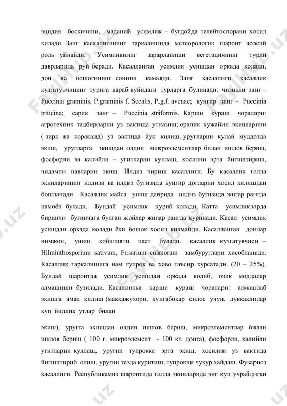 лилар куп йиллик утлар билан экиш), уругга экишдан олдин ишлов бериш, микроэлементлар билан ишлов бериш ( 100 г. микроэлемент - 100 кг. донга), фосфорли, калийли угитларни куллаш, уругни тупрокка эрта экиш, хосилни уз вактида йигиштириб олиш, уругни тезда куритиш, тупрокни чукур хайдаш. фузариоз касаллиги. республикамиз шароитида галла экинларида энг куп учрайдиган касалликлар каторидан урин олади. касаллик туфайли галла экинларининг уругининг унувчанлиги, масайларнинг куриб колиши, бугдойнинг сулиши ва илдиз чириши кузатилади. касаллик таркалган хужаликларда хосил микдори ва сифати кескин камайиб кетади. касаллик уза урнида экилган галлазорларда куп учрайди. касалликнинг келиб икишда fusarium замбуругининг бир неча турлари катнашади. бу касаллик маккажухорининг сутасида, илдизида ва поясида хам намоён улади. касалланган усимликнинг илдизи бинафша ранг хосил булиб, унинг устида окиш мицелий коплами куринади. касаллик кузгатувчиси f. moniliforme. карши кураш чоралари: уругни экишдан олдин навларга ажратиш, уругни фунгицидлар билан доритлаш, экинларни уз вактида йигиштириш, уругни саклаш шароитини яхшилаш, чидамли навларни экиш.