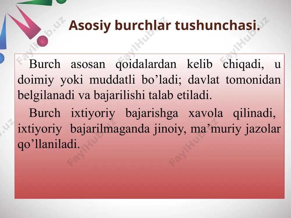 osining burchidir. fuqarolar qonunda belgilangan tartibda harbiy yoki muqobil xizmatni o‘tashga majburdirlar. 52-modda. muddatli harbiy xizmatga salomatligi holatiga ko‘ra harbiy xizmatga yaroqli, chaqiruv kunida 18 yoshga to‘lgan erkaklar chaqiriladi. 1993-yilda 14-yanvar kuni bizning davlatimizda vatan himoyachilari kunideb e’lon qilingan. xulosa image3.jpg image4.png image6.jpg image7.png image8.png image9.png image10.png image11.png image12.png image13.png image14.png image15.png image16.png image17.png image18.png image19.png image20.png image21.png image22.png image2.jpeg /docprops/thumbnail.jpeg