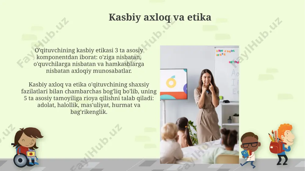 n holda, o‘quvchilarning individual ehtiyojlarini hisobga oladi. hamkorlik va jamoaviy ishlash jamoaviy ishlash jarayonida o'qituvchi 3 ta asosiy rolni bajaradi: rahbar, maslahatchi va kuzatuvchi. bu samarali jamoaviy o'rganishni ta'minlaydi. hamkorlikdagi loyihalar orqali o'quvchilarning 5-7 kishilik guruhlarda muammolarni yechish, tanqidiy fikrlash va hamkorlik qilish ko'nikmalarini rivojlantirish mumkin. xavfsizlik va sog‘liqni saqlash masalalari sogʻlom turmush tarzini targʻib qilish maqsadida, jismoniy tarbiya darslarida kamida 30 daqiqa harakatli oʻyinlar va mashqlar bajarilishi, shuningdek, toʻgʻri ovqatlanish boʻyicha maslahatlar berilishi tavsiya etiladi. oʻquvchilarning ruhiy salomatligini himoya qilish uchun, maktabda psixolog xizmati mavjud boʻlishi va oʻquvchilarga kamida oyiga bir marta konsultatsiya oʻtkazilishi kerak. o’quv muhitini yaratish sinfdagi 25-30 nafar talabaga moslashtirilgan o'quv muhiti yaratish uchun, kamida 3 xil o'quv resurslari (masalan, slaydlar, videolar, amaliy topshiriqlar) dan foydalanish kerak. o'quv muhitini yaratishda talabalarning 5 ta turli intellektini (gardner nazariyasi) hisobga olish, ularning har biriga mos o'quv materiallari va usullarini qo'llash o'rganish samaradorligini 20% ga oshirishi mumkin. e'tiboringiz uchun …