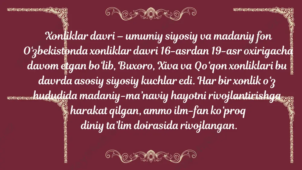 bu asarlar hozirgacha tarixchilar uchun qimmatli manba ahmad donish (ahmad makhdum donish) • faoliyat davri: 19-asr, buxoro xonligi. • yo‘nalishi: falsafa, siyosatshunoslik, islohotchilik. • asari: “navodir ul-vaqoe” – ijtimoiy va siyosiy tanqidiy qarashlar bilan mashhur. • hissasi: buxoroda islohot g‘oyalarini ilgari surgan , ilmiy tafakkurni yangilashga chaqirgan . o‘z davrida ilg‘or fikrlovchi sifatida tanilgan. gulxaniy (muhammad sharif gulxaniy) 18–19-asr, qo‘qon xonligi. shoir, ma’rifatparvar, nasrnavis. asari: “zarbulmasal” – hayvonlar timsolida ijtimoiy tanqid. xalq og‘zaki ijodi bilan yozma adabiyotni bog‘lagan. sodda va ravon tilda yozgan, ma’rifatga chorlagan. hofiz tanish buxoriy • 16-asr, shayboniylar davri, buxoro. • tarixchi, saroy muarrixi. • asari: “abdullanoma” – abdullaxon ii davrining tarixiy surati. • tarixiy voqealarni faktlar va badiiyat bilan yozgan. • shayboniylar tarixini yozgan asosiy manba muallifi. amaliy fanlar va ularning xalq hayotidagi roli a) dehqonchilik va sug‘orish texnikasi: yer haydash, sug‘orish tizimlari (ariq, sardoba, koriz)ni yaratishda ilmiy tajriba qo‘llanilgan. suv bilan ta’minlash uchun maxsus muhandislar …