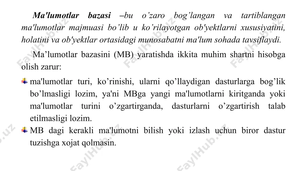 : daraxtsimon (iyerarxik) yoki pog’onali modellar. tarmoqli (turli) modellar. relyatsion modellar. o’bektga yo’naltirilgan relyatsion mbbt alohida olingan modullardan tashkil topgan: mb boshqarish bloki disklardagi ma'lumotlar bilan foydalanuvchi dasturi va tizimning surovi (guery) orasidagi interfeysni aniqlaydi. fayl mendjeri –ma'lumotlar tuzilmasi bilan disklar urtasidagi boglanishni boshqaradi. guery –protsessor ingliz tilida yozilgan guery gaplarini mbni boshkarish bloki tushunadigan tilga o’tkazadi. prekompilyator dml (data manipulation language) ma'lumotlar bilan manipulyatsiya kiladigan til bo’lib, u quyidagi operatsiyalarga javob beradi: mbda ma'lumotlarni ajratib olish, mbga ma'lumotlarni kiritish, mbdan ma'lumotlarni olib tashlash, mbni modifikatsiya (uzgartirishlar) qilish. kompiliyator ddl (data definition language) –mb tilini, uning tuzilmasini va tashki xotiralardagi axborot turini aniklaydi. mbni tuzilmasi kupincha jadval shaklida buladi. mbbt ning vazifalarini uch guruhga ajratish mumkin: fayllarni boshqarish; ya’ni faylni ochish, nusxa olish, nomini o‘zgartirish tuzilishini o‘zgartirish, qayta hosil qilish, tiklash, hisobot olish, bekitish va boshqalar; yozuvlarni boshqarish, ya’ni yozuvlarni o‘qish, kiritish, tartiblashtirish, o‘chirish va boshqalar; yozuv maydonlarini boshqarish. mbbt …