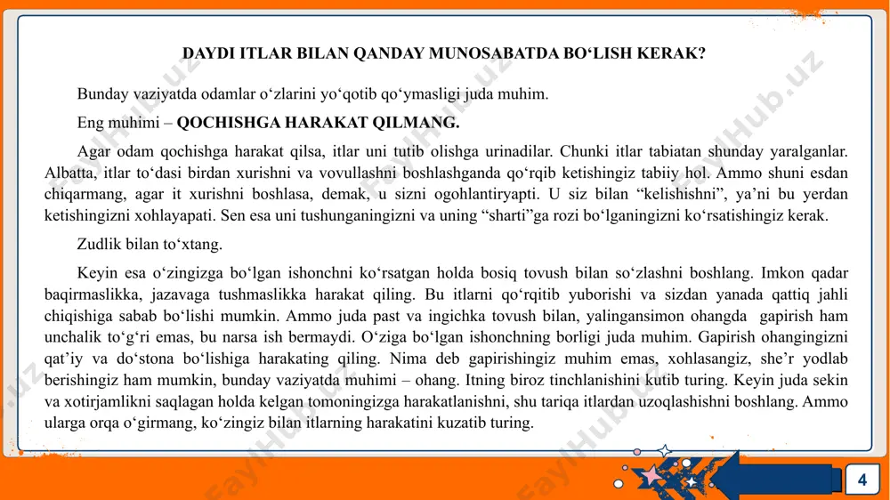 -topshiriq 8 2. quyida berilgan xulosalarning qaysilari matn mazmuniga mos? bitta to‘g‘ri javobni belgilang. a. g‘azablangan it bilan uchrashganda imkon qadar tezroq qochishga harakat qiling. b. daydi itlar bilan uchrashib qolganda itlarga xos bo‘lgan his-tuyg‘ularni va instinktlarni hisobga olgan holda harakatlaning. c. it sizdan qo‘rqishi uchun siz undan kuchli ekanligingizni itga ko‘rsatishingiz kerak. d. itlar doim insonlarga do‘st ekanligini unutmang. ivan voronkov 8 3-topshiriq 9 3. muallif daydi itlar bilan uchrashganda o‘zini tutish bilan bog‘liq qoidalarining qaysi birini eng muhim qoida deb hisoblaydi? javobingizni izohlab yozing. ________________________________________________________________________________________________________________________________________________________________________________________________________________________________________________________________________________________________________________________ ivan voronkov 9 4-topshiriq 10 4. muallifning daydi itlarga duch kelganda o‘zini tutish qoidalari haqidagi axborotlarga o‘quvchining alohida e’tiborini jalb qilish uchun qo‘llagan usullariga e’tiboringizni qarating. bunday usullardan ikkitasini yozing. _______________________________________________________________________________________________________________________________________________________________________________________________________________________________________________________________________ ivan voronkov 5-topshiriq 11 5. quyida ikkita xulosaviy fikr keltirilgan. matndan ushbu harakatlarni amalga oshirish mumkin emasligini tushuntirishga qaratilgan fikr ifodalangan gapni topib yozing. ularni xulosaviy fikrlar yoniga yozing. itning egasiga baqirish …
