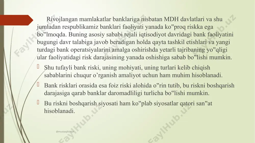 lar foiz stavkalari bir-biriga qarab harakat qilganda yuzaga keladi. agar bank berilgan kreditlar va jalb qilingan resurslar foiz stavkalarini fiksirlab qo'ysa, bu risk nolga teng bo'ladi. bazisli risk kredit riski bilan yaqindan aloqador. chunki berilgan kredit sifati pasayib qaytmagan kreditlarni qoplash bo'yicha qo'shimcha rezerv xarajatlari yuzaga kelishi tufayli marja pasayib, bank operatsiyalari samarasi (rentabelligi) tushib ketadi basel committee:consultative document principles for the management and supervision of interest rate risk issued for comment by 31 october 2003 @mustaqilishlar ii. vaqt oralig'i farqi riski. riskning yuzaga kelish asosiy sababi jalb qilingan resurslar va qo'yilmalar (kreditlar) muddatlari farq qilishidir. ya'ni aktiv va passivlarni muddat bo'yicha joylashtirilar ekan, ularga foiz o'rnatilgan muddatlar farq qilib, foiz riski yuzaga keladi. misol uchun, agar bank fiksrlangan foiz stavkada 1oyga resurs jalb qildi va shu resursning teng yarmini 1 oyga kredit berib qolgan yarmini 2 haftaga joylashtirdi. bu holatda resurslarning yarmi 2 haftadan so'ng risk ostida qolmoqda. chunki …