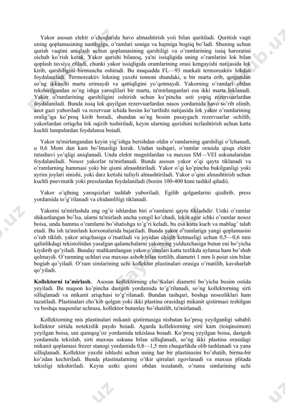 kanallar orqali amalga oshiriladi. xar xil mexanik zarrachalardan tozalangan sovutuvchi havo, tortuv elektro dvigatelni kollektor tomonida joylashgan lyuk orqali kirib ikki parallel yunalish bo’ylab magnit sistemani va yakorni sovutib, kollektorga qarama-qarshi tomonda joylashgan chiqarish lyukchalar orqali atmosfera bilan bog’lanadi. tortuv elektro dvigateli o’ramlari ulanish sxemasi quyidagi rasmda korsatilgan. strelkalar bilan tok oqimini yunalishi ko’rsatilgan bo’lib, shu vaqtda qutblar sxemada ko’rsatilgan kabi qutblanishga ega bo’ladi, yakor esa sxemada ko’rsatilgandek aylanma yunalishga ega bo’ladi. to’liq ta'mirlashga qo’yilgan teplovozlarning tortuvchi elektr motorlarini ta'mirlash uchun ularning tagidan chiqarilgandan so’ng elektrkara yordamida korxonaning elektr mashina sexiga yetkaziladi. bu yerda elektr motorlar havo yordamida yaxshilab tozalanadi, so’ng qismlarga ajratish bo’linmasiga ko’tarma kran yordamida keltiriladi va bu yerda yana tozalanadi. eng avval motor traversasi va yakordan tishli g’ildirak ajratiladi. bunda ish hajmini kamaytirish uchun maxsus asboblardan foydalaniladi. shundan keyin motor kollektorining qopqog’i olinib, cho’tkalari chiqariladi, so’ng podshipnikning to’sig’i bo’shatilib olinadi. podshipnik to’sig’i maxsus asbob yoki rezbali bolt …