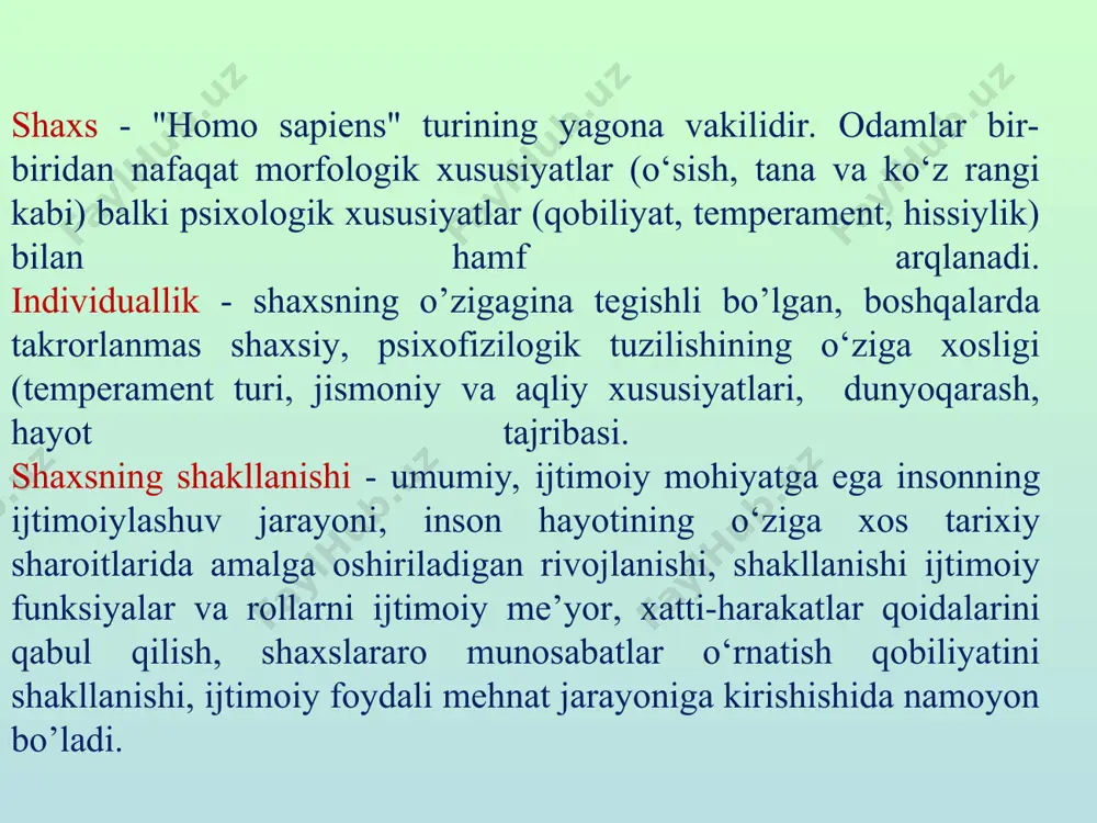 yoshlardir. ijtimoiylashuv jarayonida individ shaxsga aylanib boradi, bilim ko‘nikma malaka, hamda qobiliyatlarni insonlar orasida orttiradi. shaxsning ijtimoiylashuvining asosiy bosqichlari: shaxsning shakllanishi asosan uch sohada amalga oshiriladi: 1) faoliyat sohasi - umri mobaynida shaxs turli faoliyatlarga bevosita yoki bilvosita jalb etilgan, faoliyatlar soxasi kengayib, boyib boraveradi. har bir faoliyat turi individdan maxsus fazilatlarni, malaka va ko‘nikmalarni, bilimlarni talab etadi, va o‘ziga xos ijtimoii-psixologik xususiyatlar kompleksini shakllantiradi; 2) muloqot sohasi - ayniqsa maktabgacha yosh davrdagi va o‘smirlik davrlaridagi muloqot tizimi bolada bir qancha ijtimoiy-psixologik xislatlarni paydo qiladi, buning natijasida u faol hayotiy mavqega ega bo‘ladi, jamiyatda o‘z o‘rnini tasavvur qilishga erishadi. 3) o‘z-o‘zini anglash sohasi - ''men" obrazining yil sayin o‘zgarib borishi jarayoni, o‘zini boshqalardan farqliligini, mustaqil harakat qilish, mustaqil fikr yurita olish qobiliyatini anglashi, o‘z-o‘zini baholash, anglash, nazorat qilish- xususiyatlari rivojlanadi. shaxsning ijtimoiylashuvi - har bir shaxsning jamiyat ijtimoiy hayoti, ijtimoiy institutlar tizimiga faol qo’shilish jarayonidir. ijtimoiylashuv jarayonlarining ro‘y beradigan shart …
