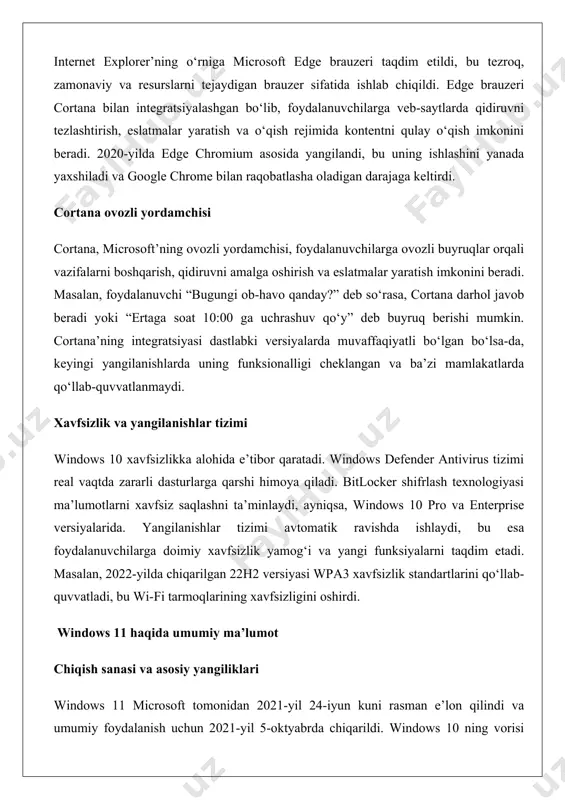 y versiyalari: · 21h2 (2021-yil oktyabr): dastlabki chiqarilgan versiya bo‘lib, yangilangan start menyusi, snap layouts va microsoft teams integratsiyasini o‘z ichiga olgan. · 22h2 (2022-yil sentyabr): file explorer’da yorliqlar, yaxshilangan vazifalar paneli va energiya tejash rejimlari kabi yangiliklarni kiritdi. · 23h2 (2023-yil oktyabr): ai asosidagi copilot yordamchisi, yangilangan paint va snipping tool ilovalari va boshqa optimallashtirishlar. · 24h2 (2024-yil oktyabr): wi-fi 7 qo‘llab-quvvatlashi, bluetooth le audio va yaxshilangan xavfsizlik funksiyalari. tizim talablari windows 11 windows 10 ga nisbatan ancha qattiqroq tizim talablariga ega, bu esa ba’zi eski qurilmalarda uning o‘rnatilishini cheklaydi: · protsessor: 1 ghz yoki undan tezroq, kamida 2 yadroli, 64-bit arxitekturaga mos protsessor (32-bit qo‘llab-quvvatlanmaydi). · operativ xotira (ram): 4 gb yoki undan ko‘p. · qattiq disk: 64 gb yoki undan katta bo‘sh joy. · grafik karta: directx 12 yoki undan yuqori versiyasini qo‘llab-quvvatlaydigan, wddm 2.0 drayveri bilan. · displey: 720p o‘lchamli, 9 dyuym yoki undan katta ekran. …