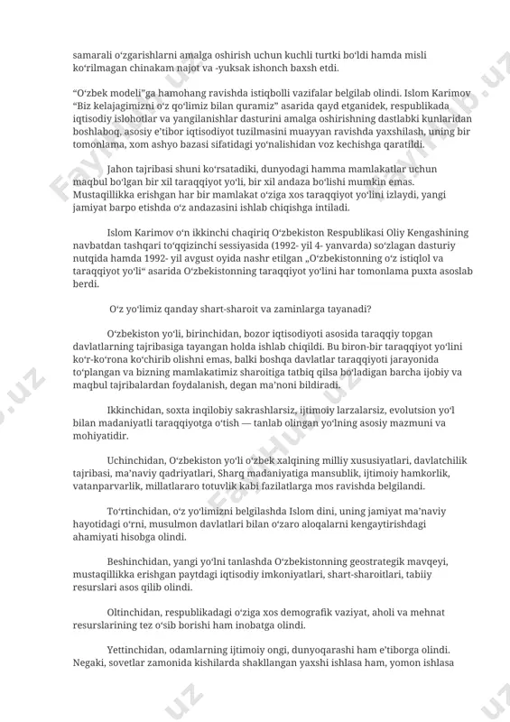 ellaridan nusxa ko‘chirish tarafdori edilar. ular boshqa sanoati rivojlangan mamlakatlarda tatbiq etilgan bo‘lsa-da, xalqimiz qadriyatlariga, dunyoqarashiga to‘g‘ri kelmasdi. bir necha “tayyor” retseptlar ham bot-bot takrorlanardi. deylik, “shok terapiyasi” ulardan biri edi. ammo uning tamoyillari davlat iqtisodiyotini sog‘lomlashtirish va uni inqirozdan chiqarish bahonasida mehnatga layoqatli aholining 40 foizini ishsiz qoldirishi, hayot darajasini pasaytirishi, ijtimoiy tanglikni kuchaytirishi mumkin edi. islom karimov bozor munosabatlariga bunday yondashish noto‘g‘ri, degan qat’iy fikrini ilgari surdi. boisi, taklif qilinayotgan uslublar butun hayot tarzini, xalqning ruhiyatini butunlay o‘zgartirishni talab etardi. zotan, bizning asosiy vazifamiz ijtimoiy-iqtisodiy taraqqiyotning yangi bosqichiga hech qanday yo‘qotishlarsiz o‘tishdan iborat edi. shu nuqtai nazardan, o‘zbekiston faqat o‘zigagina xos bo‘lgan yo‘lni tanladi. bu yo‘l ilg‘or mamlakatlar tajribasini hisobga olgan holda ishlab chiqilgan bo‘lib, iqtisodiy islohotlarning milliy modelini yaratishni ko‘zda tutardi. o‘sha davrda “o‘zbek modeli” samarali o‘zgarishlarni amalga oshirish uchun kuchli turtki bo‘ldi hamda misli ko‘rilmagan chinakam najot va -yuksak ishonch baxsh etdi. “o‘zbek modeli”ga hamohang ravishda …