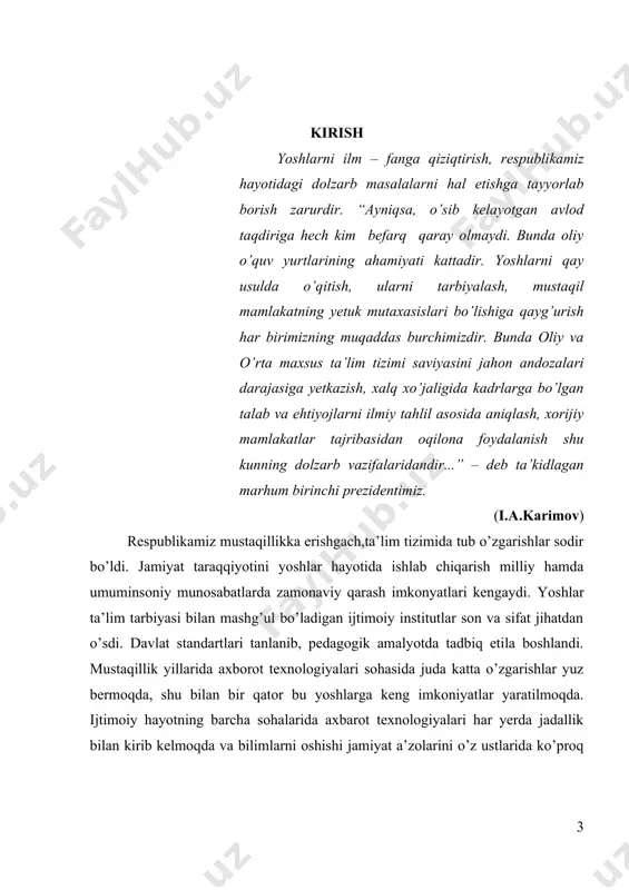 a qabul qilindi. ushbu qonun 16 moddadan tashkil topgan bo’lib, unda ushbu qonunning asosiy vazifalari, axborot erkinligi prinsiplari va kafolatlari to'g'risidagi qonun hujjatlari, axborot erkinligining asosiy prinsiplari axborotning ochiqligi va oshkoraligi, axborotni olish tartibi, shaxsning, jamiyatning, davlatning axborot borasidagi xavfsizligi, shu kabi bir qator moddalarni o’z ichiga olgan. inson uchun axborotlarni to’plashda uning barcha sezgi organlari xizmat qilsa, uzoq masofadagi axborotlarni to’plash uchun bu esa yetarli emas, buning uchun maxsus texnik vositalar talab qilinadi. bugungi kunda ya’ni axborot asri bo’lmish xxi asrda o’zbekiston respublikasining butun dunyo orasida o’z mavqei, obro’-e’tiborga ega ekanligi quvonarli holdir. bu borada birinchi prеzidеntimiz i.a. karimov ta'kidlaganlaridеk: “bugungi kunda milliy axborot tizimini shakllantirish jarayonida intеrnеt va boshqa global axborot tizimlaridan foydalanish, ayniqsa, muhim ahamiyatga ega. yangi axborot – kommunikatsion texnologiyalari hozirgi vaqtda eng dolzarb mavzulardan biri bo’lib kelmoqda, sababi har bir sohani o’rganish, izlanish va tajriba orttirish uchun turli usullardan foydalanish kerak bo’ladi. shuning uchun yangi …