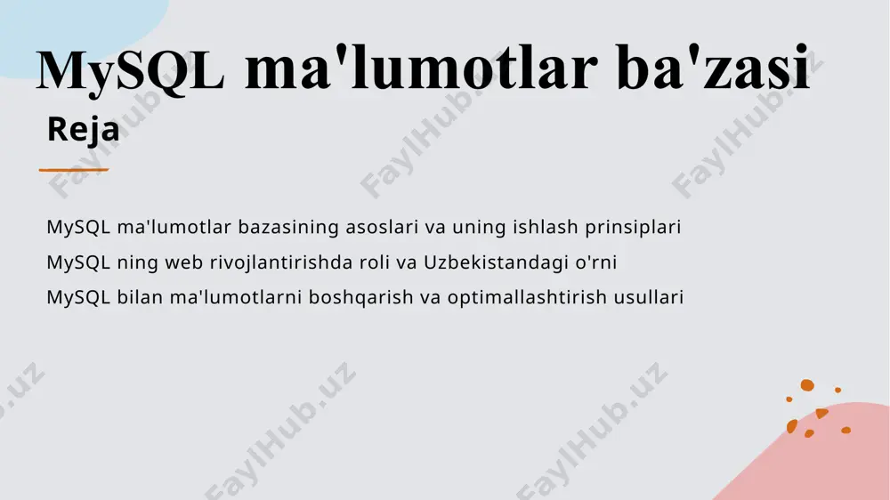 ari 1 ma'lumotlarni boshqarish jarayoni mysqlda ma'lumotlarni boshqarish uchun sql buyruqlari va funksiyalar ishlatiladi. ular yordamida ma'lumotlar qo'shish, o'chirish, va yangilash amalga oshiriladi. 2 yangilash mexanizmlari mysqlda ma'lumotlarni yangilash uchun update buyruqlari qo'llaniladi. bu jarayon ma'lumotlar bazasida mavjud yozuvlarni muayyan shartlarga asoslangan holda o'zgartirish imkonini beradi. 3 ma'lumotlarni nazorat qilish ma'lumotlarni boshqarishda transaction va lock mexanizmlari muhim. ular bir vaqtning o'zida bir necha foydalanuvchi ma'lumotlarga kirishni nazorat qiladi va muvofiqlikni ta'minlaydi. 4 o'zgarishlarni kuzatish mysqlda triggerlar va log fayllar orqali ma'lumotlar o'zgarishini kuzatish mumkin. bu usullar bilan ma'lumotlar bazasining harakatlari va o'zgarishlari nazorat ostida bo'ladi. mysql ma'lumotlar ba'zalarining web rivojlantirishdagi muhim ro'li va zamonaviy texnologiyalar bilan integratsiyasi web rivojlantirishda asosiy rol mysql, dinamik veb-saytlar va ilovalar uchun ma'lumotlarni tez va ishonchli boshqarishni ta'minlaydi, bu esa internetda muvaffaqiyatli rivojlanishga yordam beradi. zamonaviy texnologiyalar bilan integratsiya mysql, php, javascript kabi texnologiyalar bilan birga ishlatiladi, bu esa real-vaqt ma'lumot almashinuvi va foydalanuvchi tajribasini …