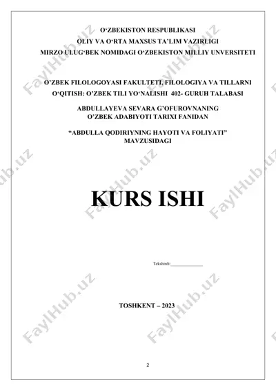 "abdulla qodiriyning hayoti va foliyati" kurs ishi — DOCX