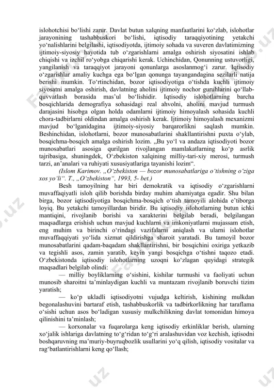 imoiy, ekologik muammolar meros bo‘lib qolgan edi. aholi yerning nihoyat darajada sho‘rlanishi, havoning va suv zaxiralarining ifloslanganligi, radioaktiv ifloslanish, orol dengizining qurib borishi oqibatida juda katta ekologik xavfga duch kelib qolgan edi. mutaxassislarning ma’lumotlariga ko‘ra, birgina orolning qurib qolgan tubidan yiliga bo‘ron tufayli 15-75 million tonna chang-to‘zon ko‘tarilib, uzunligi 400 km va eni 40 km maydonni ifloslantirardi, aholini turli-tuman kasalliklarga mubtalo qilardi. „bugun o‘sha davr to‘g‘risidagi haqiqatni xolisona aytadigan bo‘lsak, u zamondagi hayotimizni jahon tarixi va amaliyoti bilan taqqoslaydigan bo‘lsak, shuni ochiq aytish kerakki, u paytda o‘zbekiston bir yoqlama iqtisodiyotga - markazga butunlay qaram, izdan chiqqan iqtisodiyotga ega bo‘lgan yarimmustamlaka mamlakat qatoriga aylangan edi“. (islom karimov. „o‘zbekiston xxi asrga intilmoqda“. t., „o‘zbekiston“, 1999, 6- bet.) iqtisodiy mustaqillik imkoniyatlari. iqtisodiy mustaqillik xalqimizni iqtisodiy zug‘um, mutelikdan ozod etdi, o‘z yeri, yer osti boyliklari, suv, o‘sim-lik va hayvonot dunyosi va boshqa ta-biiy zaxiralarga to‘la egalik qilish huquqini berdi. o‘z hududimizdagi barcha mulk, korxonalar …
