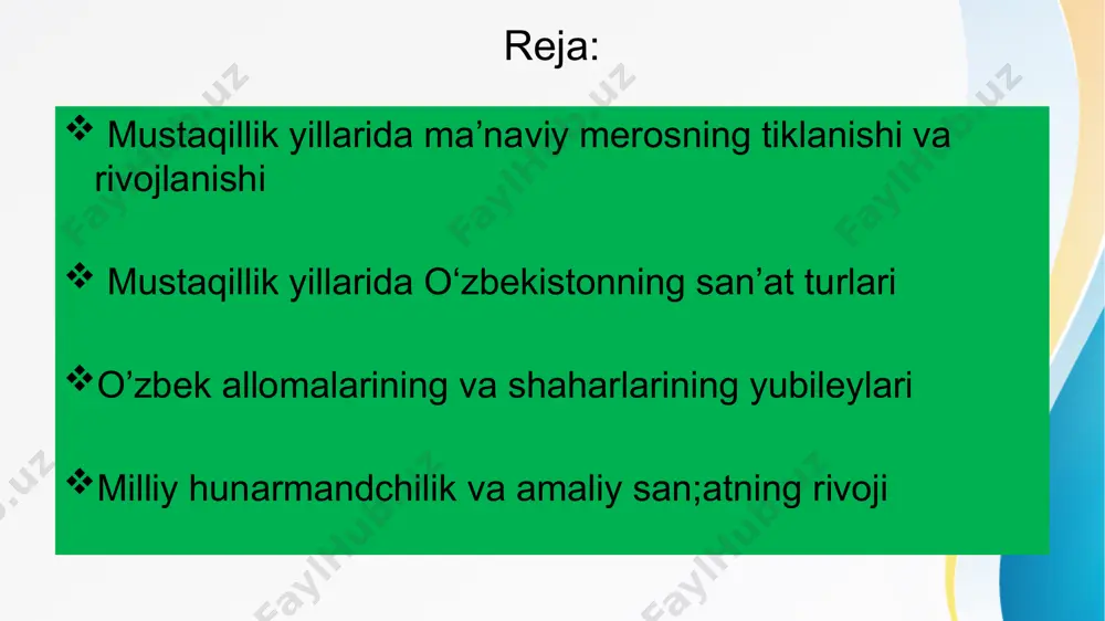 7-sentabrda vazirlar mahkamasining «oltin meros» xayriya jamg’armasini qo’llab-quvvatlash to’g’risida»gi qaroriga binoan mazkur jamg’arma davlat tomonidan moddiy jihatdan qo’llab-quvavtlandi. 1 2 3 diniy qadriyatlarimiz tiklanishi mustamlaka davrida tahqirlangan diniy qadriyatlarimiz mustaqillik nuri bilan qayta tiklandi, islomshunos allomalarimizning ulug‘ nomi o‘z o‘rniga qo‘yildi. respublika musulmonlarining istak va xohishlariga ko’ra qurbon hayiti ham tiklandi, dam olish, bayram kuni bo’lib qoldi. yuzlab masjidlar musulmonlarga qaytarildi, yangilari barpo etilmoqda. qur‘oni karim sakkiz marta 1 mln. nusxada nashr etildi. allomalarimizning yubileylari nishonlanishi 1991-yil – alisher navoiy tavalludining 550 yilligi; 1994-yil – mirzo ulug’bek tavalludining 600 yilligi; 1997-yil – cho’lpon tavalludining 100 yilligi; 1996-yil – amir temur tavalludining 660 yilligi; 1999-yil – alpomish dostonining 1000 yilligi; 1998-yil – ahmad al -farg’oniy tavalludining 1200yilligi; 2000-yil – burhoniddin marg’inoniy tavalludining 910 yilligi mamlakatimiz xitoy, hindiston, eron, misr kabi qadimiy davlatlar qatorida turadi. milliy davlatchiligimiz qadimiy, diyorimiz yirik davlat arboblari bilan mashhur. bobomiz amir temur mamlakatimizni jahondagi eng qudratli davlat …