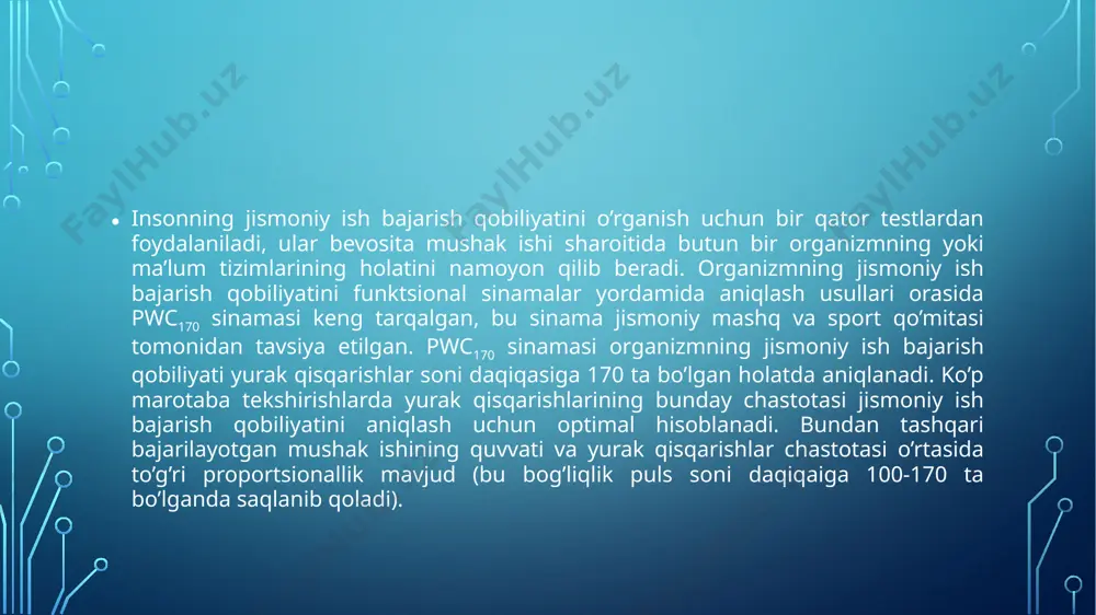 erval 3 min. yuqs yuklamaning oxirida yoziladi. sinama dastlabki mashqlarsiz bajariladi. birinchi yuklamaning oxirida yuqs 110-130 zarb/daq., ikkinchi yuklamaning oxirida esa 150-165 zarb/daq. tashkil etishi kerak (farqi 40 zarb/daq. dan kam bo’lmasligi kerak.). pwc170 ni ko’rsatkichi quyidagi formula bilan hisoblanadi: pwc170=w1+(w2-w1)*(170-f1)/(f2-f1) l.i.abrosimova modifikatsiyasi. buni bajarish uchun yuqs ni 150-160 zarb/daq. ni hosil qila oladigan yuklamani bajarish talab etiladi. l.i.abrosimova pwc170 aniqlashning bu variantini bolalarda va o’spirinlarda bajarilishini taklif qilgan. bitta yuklamani bajarganda jismoniy ish bajarishqobiliyatini aniqlashdagi yuqs da xatolik kam bo’ladi. pwc170 ni ko’rsatkichini quyidagi formula bilan topiladi: pwc170= w/f1-f0*(170-f0) w – yuklamaning quvvati kgm/daq. yoki vt; f – yuklama quvvatiga mos keluvchi yuqs (f0 – tinch holatdagi yuqs). pwc170 ni aniqlash uchun veloergometr, yugurish yo’lakchasi va pilolog (tredmil) kerak bo’ladi. oxirgi holatlarda yuklama quvvati quyidagi formula bilan hisoblanadi: w=p*h*n*1,3. bu yerda: w – yuklama, kgm/daq.; p – tekshiriluvchining og’irligi, kg; h – zinaning balandligi, m; n – qilingan ish …