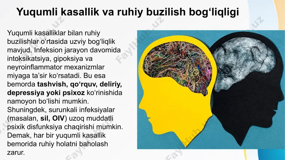 eabilitatsiyada alohida e’tibor berilishi kerak. psixoz va gallyutsinatsiyalar ba’zi yuqumli kasalliklarda bemorda o‘tkir psixoz holati rivojlanadi. bu holatda bemor atrofdagilarni tanimaydi, qo‘rquv yoki tajovuzkorlik bilan o‘zini tuta olmaydi. gallyutsinatsiyalar – tovushlar eshitish, narsalar ko‘rish – eng muhim simptomlardan biridir. bunday o‘zgarishlar ko‘pincha ensefalit, tif, sepsis va meningoensefalitda kuzatiladi. psixoz yuqumli jarayonning og‘irligini ko‘rsatadi va ko‘pincha reanimatsion sharoitda davo talab qiladi. ongning chuqur buzilishlari yuqumli kasalliklar davomida ongning chuqur buzilishlari – somnolensiya, sopor va koma kuzatilishi mumkin. masalan, meningit yoki ensefalitda miya shishi, intoksikatsiya va gipoksiya sababli koma rivojlanadi. bu holat hayot uchun xavfli bo‘lib, shoshilinch reanimatsion yordamni talab etadi. ongning chuqur buzilishlari prognoz jihatidan ham muhim belgidir, chunki ular yuqumli kasallikning og‘ir darajada kechayotganini ko‘rsatadi. patologik mexanizmlar yuqumli kasalliklarda ruhiy buzilishlarning asosiy mexanizmlari quyidagilar: 1) infeksion toksinlarning miya hujayralariga bevosita ta’siri; 2) isitma va metabolik buzilishlar tufayli neyronlar disfunksiyasi; 3) immun tizimining ortiqcha faollashuvi va neyroinflammasiya; 4) gipoksiya va miya …