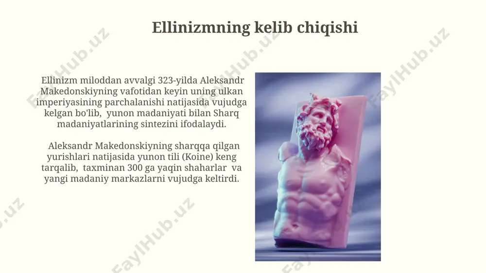 4 ta asosiy fazilat bilan – donolik, adolat, jasorat va o'z-o'zini nazorat qilish – ta'kidlagan. ellinistik falsafa 3 asosiy maktabga – epikureyizm, stoitsizm va skeptitsizmga bo'lingan bo'lib, ularning har biri insonning baxtga erishish yo'llarini turlicha talqin qilgan. qadimgi yunoniston merosi va uning davomi qadimgi yunoniston matematikasi, evklidning "elementlar" asari orqali geometriya va sonlar nazariyasi kabi sohalarda 2000 yildan ortiq vaqt davomida ta'sir ko'rsatgan. qadimgi yunon mifologiyasi, 12 olimpiya xudosi va ko'plab afsonaviy qahramonlar bilan, adabiyot, san'at va madaniyatda 2500 yildan ortiq davom etayotgan kuchli ta'sirga ega. ellinizmning ta'siri ellinizm ta'siri natijasida ko‘plab tillar, jumladan, ko‘pgina sharq tillarida yunoncha so‘zlar paydo bo‘lib, terminologiya boyitildi va yangi adabiy janrlar vujudga keldi. ellinizm davri, miloddan avvalgi 323-yildan milodiy 31-yilgacha davom etib, yunon madaniyatining sharq mamlakatlariga keng tarqalishiga va sinxretizmning shakllanishiga sabab bo‘ldi. e'tiboringiz uchun rahmat @taqdimot_robot image2.jpg image3.jpg image4.jpg image5.jpg image6.jpg image7.jpg image8.jpg image9.jpg image10.jpg image11.jpg image12.jpg image13.jpg