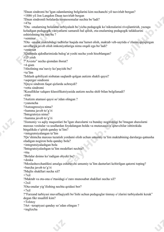 u tez-tez o’padi, quchoqlaydi, erkalaydi. bu bolada xavfsizlik hissini berishi qaysi otalik sevgi turiga kiradi? +samarali sevgi ?qaysi olim zamonaviy otalarni turlarga bo’lgan? +a.i.barkan ?zamonaviy otalarning nechta turi bor? +6ta ?zamonaviy otalar keltirilgan qatorni toping? +barcha javob to’g’ri ?bolani o’z –o’zini hurmat qilishga, mas’uliyatli, mustaqil, intizomli, barcha bilan muloqatga kirisha olish xususiyatini rivojlantiruvchi tarbiya uslubi bu? +demokratik ?“bola o’z uyida nimani ko’rsa shuni o’rganadi, ota –onalar unga namunadir” degan fikr kimniki? +s.brant ?oilaviy funktsiyalar to’g’ri keltirilgan qatorni toping? +iqtisodiy, reproduktiv, ta’lim va tarbiya, dam olish, psixoterapevtik ?bilish jarayonlari keltirilgan qatorni toping? +idrok, diqqat, xotira, fikrlash, tasavvur va nutq ?1 yoshdan 3 yoshgacha bo’lgan bolalarni rivojlanishi necha davrga bo’linadi? +3 davrga ?pedagog va ota-onalar o’rtasidagi an’anaviy muloqot shakllari keltirilgan qatorni toping? +jamoviylik, individual va ko’rgazmali – axborot ?beqaror psixika, yuqori tashvish va kattalarni qasddan manipulyatsiya qilish bu o’smirlar bilan sodir bo’ladigan qanday o’zgarish? +salbiy ?men kattaman, o’z –o’zini hurmat qilishning o’sishi, …