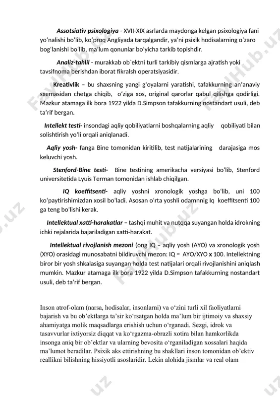 yati bilan solishtirish yo‘li orqali aniqlanadi. aqliy yosh- fanga bine tomonidan kiritilib, test natijalarining darajasiga mos keluvchi yosh. stenford-bine testi- bine testining amerikacha versiyasi bo‘lib, stenford universitetida lyuis terman tomonidan ishlab chiqilgan. iq koeffitsenti- aqliy yoshni xronologik yoshga bo‘lib, uni 100 ko‘paytirishimizdan xosil bo‘ladi. asosan o‘rta yoshli odamnnig iq koeffitsenti 100 ga teng bo‘lishi kerak. intellektual xatti-harakatlar – tashqi muhit va nutqqa suyangan holda idrokning ichki rejalarida bajariladigan xatti-harakat. intellektual rivojlanish mezoni (ong iq – aqliy yosh (ayo) va xronologik yosh (xyo) orasidagi munosabatni bildiruvchi mezon: iq = ayo/xyo x 100. intellektning biror bir yosh shkalasiga suyangan holda test natijalari orqali rivojlanishini aniqlash mumkin. mazkur atamaga ilk bora 1922 yilda d.simpson tafakkurning nostandart usuli, deb ta’rif bergan. inson atrof-olam (narsa, hodisalar, insonlarni) va o‘zini turli xil faoliyatlarni bajarish va bu ob’ektlarga ta’sir ko‘rsatgan holda ma’lum bir ijtimoiy va shaxsiy ahamiyatga molik maqsadlarga erishish uchun o‘rganadi. sezgi, idrok va tasavvurlar ixtiyorsiz …