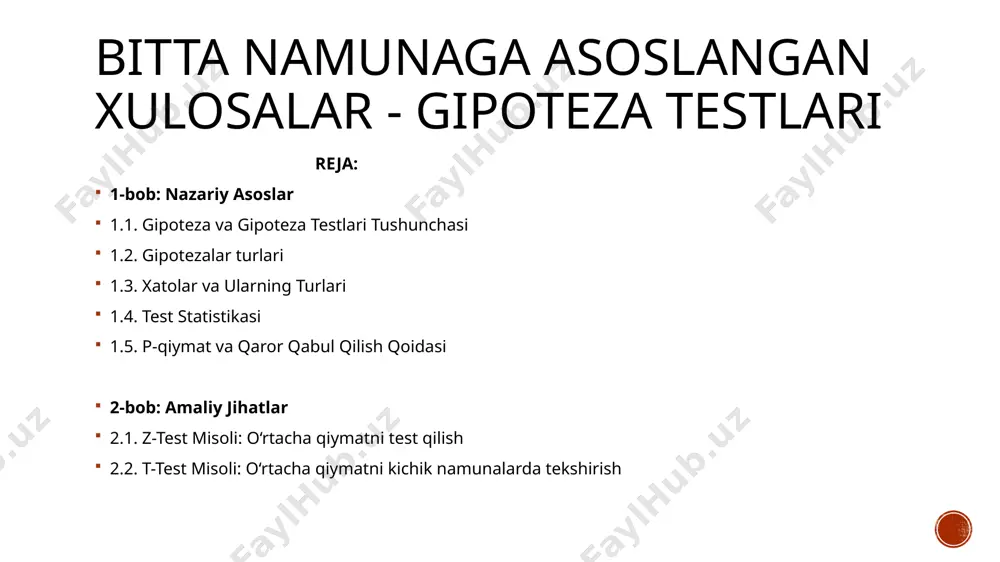 -da, uni rad qilish xatosi. bu xato ehtimoli α darajasi bilan ifodalanadi, va uni ko‘pincha ishtiboh ehtimoli deb atashadi. statistik amaliyotda odatda α = 0.05 yoki α = 0.01 darajalarida olinadi. 2-turdagi xato (type ii error): nolinchi gipoteza noto‘g‘ri bo‘lsa-da, uni qabul qilish xatosi. bu xato ehtimoli β bilan ifodalanadi va statistika tahlilida kuchsiz natijalar olish xavfi ortadi. 1.4. test statistikasi test statistikasi: gipoteza testlari uchun aniqlanadigan statistik qiymat. bu qiymat ma’lum bir taqsimotga ega bo‘lib, namunadagi qiymatlar populyatsiyadan olingan taqsimotning kutilayotgan xususiyatlariga mos kelishini tekshirish imkonini beradi. z-test va t-test: z-test: agar populyatsiya dispersiyasi yoki variansiyasi ma’lum bo‘lsa yoki namunaviy hajm katta (odatda n≥30) bo‘lsa, z-test qo‘llaniladi. z-test orqali o‘rtacha qiymat yoki ulushni test qilish mumkin. t-test: populyatsiya dispersiyasi noma’lum bo‘lsa va namunaviy hajm kichik (odatda n α bo‘lsa, nolinchi gipoteza qabul qilinadi yoki rad etilmaydi. bu holatda namunadan olingan ma’lumot gipoteza qabul qilish uchun yetarli darajada kuchli emas. …