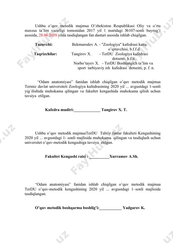 10 baholash mezonlari................................................................................... 11 o’um ning elektron varianti…………………………………………..... odam anatomiyasi fanidan ma’ruza matnlari anatomiyaning tekshirish usullari anatomiyani o'rganishda bir necha usullardan foydalaniladi. eng qadimgi usullardan biri - murdani kesib o'rganish usuli keng qo'llaniladi. bu usul hozir ham o'z ahamiyatini saqlaydi. ayrim organlarni yoki butun murdani fiksatsiya qilish yoki konservalash usuli ham anatomik preparatlarni buzmasdan uzoq muddat saqlashga imkon beradi. mikroskop ixtiro qilinishi bilan anatomiyada mikroskopik tekshirishlarning xilma-xil usullaridan foydalanildi. ayniqsa, ximiya, fizika fanlarining rivojlanishi bilan, to'qimalarni turli ximiyaviy moddalar bilan bo'yab, mikroskopda o'rganish keng rivojlandi. fizikaning rivojlanishi natijasida anatomiyaning alohida sohasi – rentgen anatomiyasi paydo bo'ldi. hozirgi vaqtda rentgen anatomiyasi juda rivojlanib ketgan. in'ektsiya usulida qon va limfa tomirlariga, bez yo'llariga, to'kimalar oralig'iga turli rangdagi suyuqliklarni quyib, shu kovak organlarining tuzilishi o'rganiladi. korroziya usulida esa avvaldan ichi biror qotuvchi moddabilan to'ldirilgan kovak organlarning barchato'qimalari ishqor yoki kislota bilan eritilib, ularning tuzilishi o'rganiladi. anatomiyada bu usullardan tashqari, matseratsiya-murdani iliq suvda ivitib, …