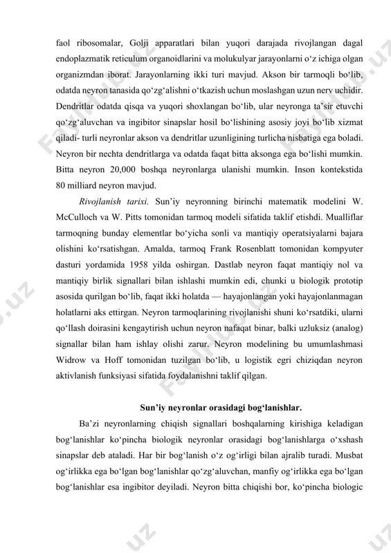 a foydalanishni taklif qilgan. sun’iy neyronlar orasidagi bog‘lanishlar. ba’zi neyronlarning chiqish signallari boshqalarning kirishiga keladigan bog‘lanishlar ko‘pincha biologik neyronlar orasidagi bog‘lanishlarga o‘xshash sinapslar deb ataladi. har bir bog‘lanish o‘z og‘irligi bilan ajralib turadi. musbat og‘irlikka ega bo‘lgan bog‘lanishlar qo‘zg‘aluvchan, manfiy og‘irlikka ega bo‘lgan bog‘lanishlar esa ingibitor deyiladi. neyron bitta chiqishi bor, ko‘pincha biologic prototipga o‘xshatib akson deb ataladi. neyronning bitta chiqishidan boshqa neyronlarning har qanday kirishiga signal yuborish mumkin. autodock dasturi qo‘yidagidalarda qo‘llaniladi: 1. rentgen kristallografiyasida 2. dorivor vositalarga nomzod strukturalar dizaynida 3. optimazasiyani o‘tkazishda 4. virtual skriningda (hts) 5. kombinator kutubhonalar dizaynida 6. oqsil-oqsil o‘zarota’sirlari 7. kimyoviy tadqiqotlar mehanizmlari. molekulyar jarayonlarni modellastirishda autodock dasturining ishlatilishi. doking- dorivor vositalarni kompyuterda modellashtirish jarayonining asosiy va muhim bosqichlaridan biri bo‘lib, asosiy vazifasi ligand molekulasi kompleksi biologik faol moddan va reseptor molekulasi bionishonning strukturasini modelini qurish hisoblanadi. reseptor molekulasi oqsil molekulasi bo‘lib, ligand molekulasi kichik hajmga ega bo‘ladi. kam hollarda oqsil-oqsil doking munosabatlari …