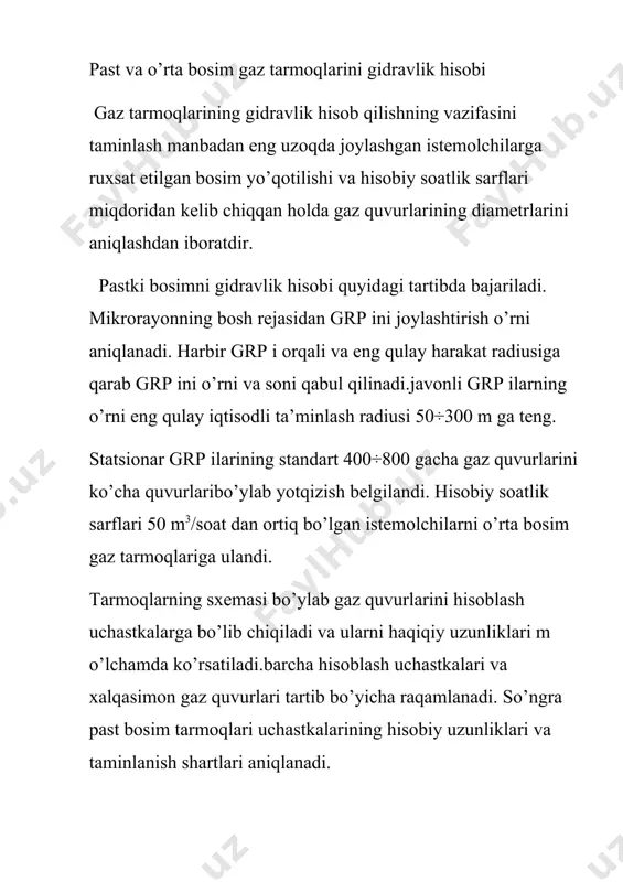 aniqlab yozilib chiqiladi. eng oxiridagi istemolchilar oldida bosim texnalogik qism 1. joyning tavsifnomasi. gazlashtirish loyihasi bajarilayotgan turar joy mavzesi joylashgan. turar joy mavzesi 4-5 qavatli binolardan tashkil topgan.mavze relyefi tekis emas gruntning karroziyaga faolligi o’rtacha. qarshi shahrining jug’rofiy kengligi 40℃.shimoliy kenglik loyihalash uchun iqlimiy ma’lumotlar quyidagi parametrlar bilan ifodalanadi. (ushbu parametrlar qmq 2.01.01.94 dan olingan.) 1- parametr. tashqi havoning isitish mavsumidagi o’rtacha temperaturasi to’rt = +3.7℃ 2- parametr. tashqi havoning eng sovuq 5 kunligidagi o’rtacha temperaturasi (isitish tizimlarini hisoblash uchun b parametr bo’yicha taminlangan 0.92) ttash.is= - 14℃ 3- parametr. isitish davri davomiyligi nis= 115 sutka 4- parametr. tashqi havoni eng sovuq 5 kunligidagi o’rtacha temperaturasi (ventelyatsiya tizimlarini hisoblash uchun a parameter bo’yicha) ttash.sham=--3℃ 2. gazning tavsifnomasi. loyihalanayotgan mikro rayon muborak gaz konidan chiqayotgan gaz bilan taminlanyapti. muborak gaz konidan chiqayotgan gazni tarkibi quyidagicha: metan ch4 – 94.22% etanc2h6 – 2.82% propan c3h8 - 0.65% butan c4h10 – 0.26% pentan …