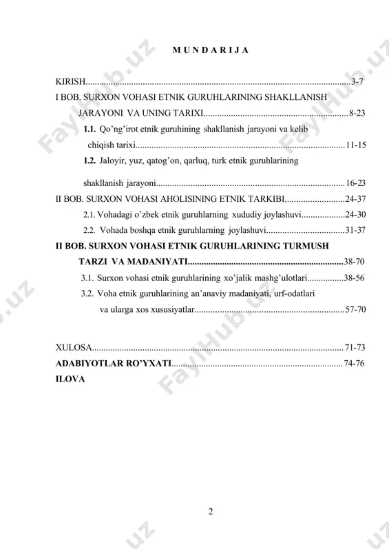 ekin butun voha bo’ylab joylashgan etnik guruhlarning etnomadaniy jarayonlari bir-biriga bog’langan holatda kompleks tadqiq qilinmagan. mazkur dissertatsiya mavzusining dolzarbligi va ilmiy-amaliy ahamiyati bir qator omillarda namoyon bo’ladi; birinchidan, surxon vohasidagi mavjud etnik guruhlarning shakllanish tarixini o’zbek xalqi tarixi, etnologiyasi to’g’risida ma’lumot beruvchi manbalarga tayanmasdan amalga oshirish mumkin emas. asrlar davomida o’zbek xalqi turli etnik komponentlarning tarixiy birikishi natijasida shakllangan va bu jarayonda o’ziga xos etnografik makon hosil qilgan surxon vohasi aholisi ham katta nufuzga ega; ikkinchidan, aynan ushbu mavzuga murojaat etish voha yirik etnik guruhlarining surxon vohasi bo’ylab joylashuvi tarixi, ularning moddiy madaniyati, yashash tarzi, xo’jalik mashg’ulotlarini batafsil yoritish imkoniyatini beradi. bu esa o’z navbatida nafaqat surxon vohasi axolisi, balki umum o’zbek etnologiyasining shakllanish tarixiga oid ilmiy qarashlarni boyishiga xizmat qiladi; 1каримов и.а. юксак маънавият – енгилмас куч. -т.: маънавият, 2008. б – 4. uchinchidan, dissertatsiya mavzusining bugungi kun uchun dolzarbligi surxon vohasi mahalliy aholisining etnik manzarasini o’ziga xosligi bilan …