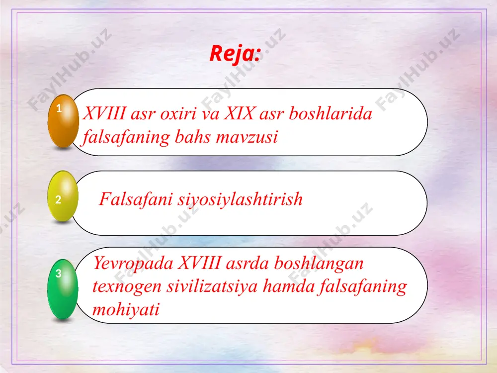hladi. xviii asr oxiri va xix asr boshlarida falsafaning bahs mavzusigina emas, balki o'zi ham tadqiqot obyektiga aylandi. nemis mumtoz falsafasining vakillari falsafaning o'zini ham falsafiy tahlil etish masalasini o'rtaga qo'ydilar. borliq va tafakkur o'rtasidagi munosabatlar tahliliga asosiy e’tibor berila boshlandi. kantning „sof aql tanqidi", „amaliy aql tanqidi" nomli asarlari falsafiy tafakkuring ichki mohiyatini tahlil etishga yo'naltirilgan edi. falsafani siyosiylashtirishni k. marks va f. engels nihoyasiga yetkazdilar. ular falsafani tabiat, jamiyat, inson tafakkurining eng umumiy qonunlari haqidagi fan, deb ta’riflash bilan o'zlari yaratgan ta’limotni kapitalizmga qarshi murosasiz kurash olib borayotgan proletariat qo'lidagi g'oyaviy qurol sifatida ta’rifladilar. falsafani murosasiz siyosiy kurashlar bilan bog'lash, odamlarni qarama-qarshi guruhlarga bo'lib, ular o'rtasidagi munosabatlarni keskinlashtirish, bu - fanning yetuk axloq va insonparvarlik bilan bog'langan qadriyatlariga butunlay zid edi yevropada xviii asrda boshlangan texnogen sivilizatsiya ham falsafaning mohiyati, bahs mavzusini tushunishga ta’sir etdi. ya’ni, fan va texnika taraqqiyotida katta yutuqlar qo'lga kiritildi. xix asrning ikkinchi yarmida …