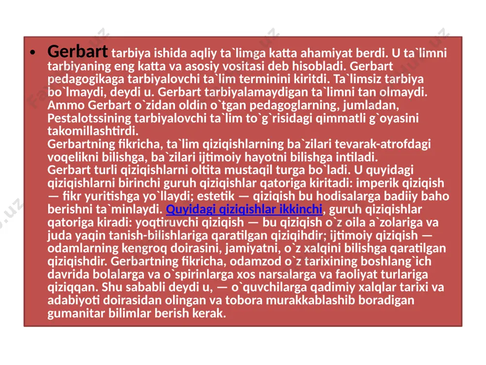 lan his qilish mumkin bo'lgan narsalar bilan tanishtirishga katta ahamiyat bergan bir paytda , u bola o'z his-tuyg'ulari bilan idrok etadigan barcha materiallarni o'ylab topdi.u rishi va tushunish zarurligini sog'indi. disterveg ko'rgazmali o'rganish "uzoqlarga", "oddiy narsalardan murakkab narsalarga", "oson narsalardan qiyinroq narsalarga", "ma'lum narsalardan noma'lum narsalarga" borishni taklif qiladi.bu boshqa qoidalar bilan bog'liqdir. o'z davrida komenskiy ta'rif berib, bu qoidalarni disterveg bilan birga ishlab chiqdi va o'qituvchi bu qoidalarni rasmiy xatti-harakatlarda emas, balki qonuniy xatti-harakatlarda qo'llash kerakligini ogohlantirdi. disterveng fikricha, ma'lum bir o'qitish usulining samaradorligi bu usulning o'quvchilarning aqliy kuchlarini rag'batlantirishga qanchalik yordam berishi bilan belgilanadi. "ammo har qanday usul, - dedi u, - agar u o'quvchilarni passiv yoki passiv bo'lishiga olib kelsa, bu yomon usul, o'quvchilarda tashabbuskorlikni uyg'otsa, yaxshi usuldir. u boshlang'ich ta'lim uchun "boshlang'ich" yoki rivojlantiruvchi usulni tavsiya qildi, bu usul o'quvchilarning aqliy kuchlarini yakuniy darajada rag'batlantiradi, ularga "izlash, tasavvur qilish, fikr yuritish va nihoyat, topish" imkonini beradi. …