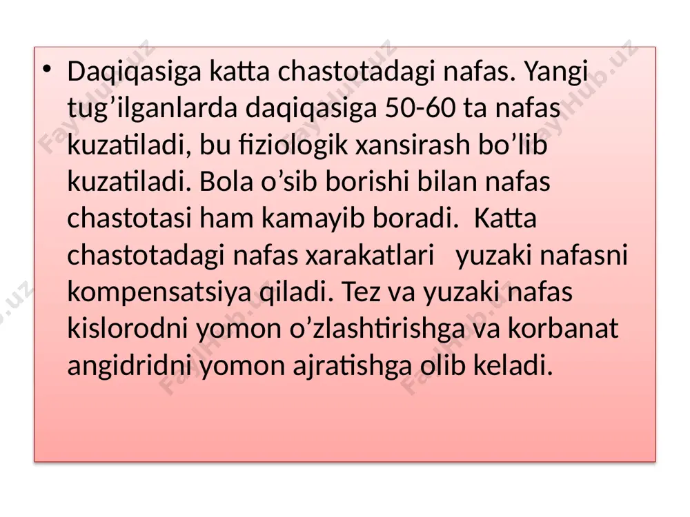 iq nafas chastotasi yosh 1 daqiqada nafas chastotasi 3 oygacha 40-45 4-6 oy 35-40 7- 12 oy 30-35 2-3 yosh 25-30 5- 6 yosh 25 atrofida 10-12 yosh 20-22 14-15 yosh 18-20 /docprops/thumbnail.jpeg