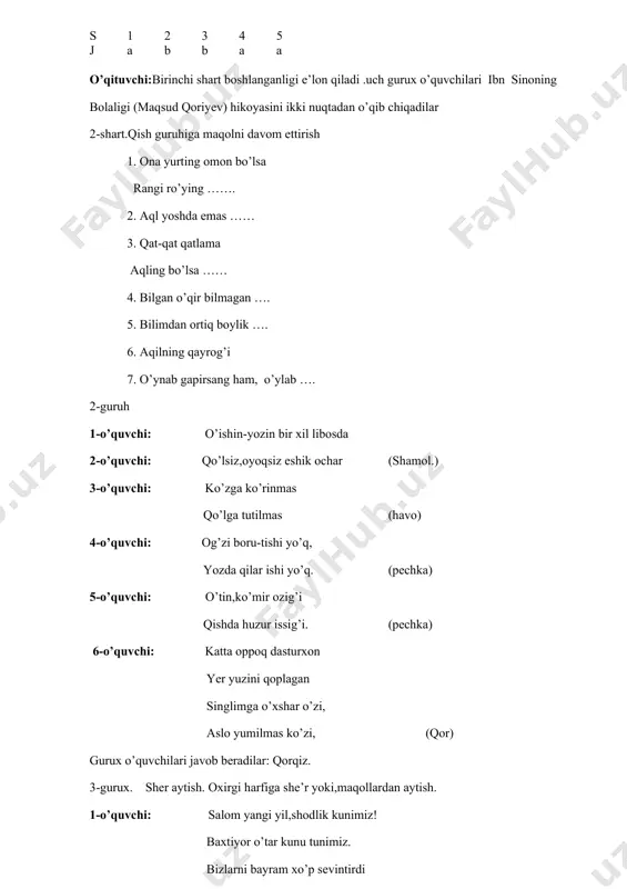 lon qiladi .uch gurux o’quvchilari ibn sinoning bolaligi (maqsud qoriyev) hikoyasini ikki nuqtadan o’qib chiqadilar 2-shart.qish guruhiga maqolni davom ettirish 1. ona yurting omon bo’lsa rangi ro’ying ……. 2. aql yoshda emas …… 3. qat-qat qatlama aqling bo’lsa …… 4. bilgan o’qir bilmagan …. 5. bilimdan ortiq boylik …. 6. aqilning qayrog’i 7. o’ynab gapirsang ham, o’ylab …. 2-guruh 1-o’quvchi: o’ishin-yozin bir xil libosda 2-o’quvchi: qo’lsiz,oyoqsiz eshik ochar (shamol.) 3-o’quvchi: ko’zga ko’rinmas qo’lga tutilmas (havo) 4-o’quvchi: og’zi boru-tishi yo’q, yozda qilar ishi yo’q. (pechka) 5-o’quvchi: o’tin,ko’mir ozig’i qishda huzur issig’i. (pechka) 6-o’quvchi: katta oppoq dasturxon yer yuzini qoplagan singlimga o’xshar o’zi, aslo yumilmas ko’zi, (qor) gurux o’quvchilari javob beradilar: qorqiz. 3-gurux. sher aytish. oxirgi harfiga she’r yoki,maqollardan aytish. 1-o’quvchi: salom yangi yil,shodlik kunimiz! baxtiyor o’tar kunu tunimiz. bizlarni bayram xo’p sevintirdi qorbobo bizga sovg’a keltirdi. 2-o’quvchi: ishkomlarga bir qarang husayinlar rang barang uni suvga chayib yeng bog’boniga raxmat deng 3-o’quvchi: …