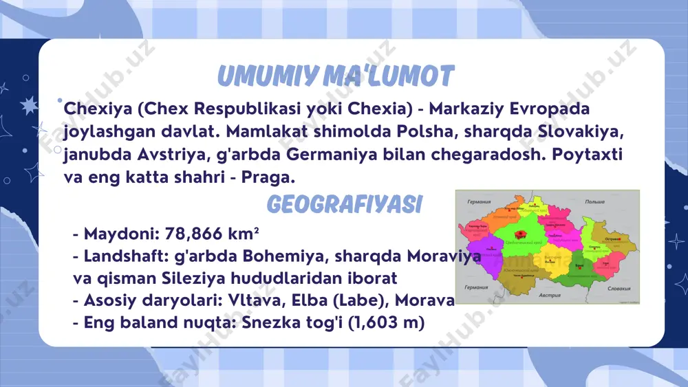 g markaziy shahri - plzen - pivo ishlab chiqarish markazlaridan biri (pilsner urquell) - *karlovy vary- mashhur kurort shahar, mineral buloqlar va xalqaro kinofestivali bilan mashhur - český krumlov - o'rta asrlardagi arxitekturasi bilan mashhur shahar, unesco ro'yxatida e'tiboringiz uchun rahmat!!!