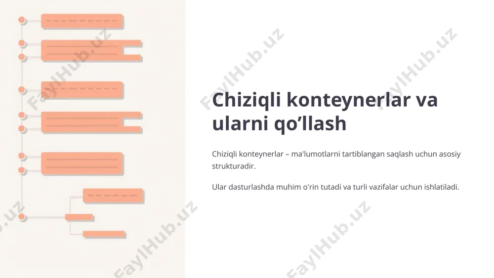 i funksiyalar chaqiruvida va rekursiyada qulay ishlatiladi. kamchiliklari elementga to'g'ridan-to'g'ri murojaat qilish imkoniyati yo'q. misol brauzerda sahifalar "orqaga" tugmasi bosilganda ishlaydi. 7 chiziqli konteynerlarni qo'llash - ma'lumotlarni saqlash massivlar beligilangan o'lchamdagi ma'lumotlar to'plamini saqlash uchun. bog'langan ro'yxatlar dinamik o'zgaruvchan ma'lumotlar to'plamini saqlashda ishlatiladi. 8 chiziqli konteynerlarni qo'llash - algoritmlar 1 navbat (queue) kenglik bo'yicha qidiruv (breadth-first search) uchun ishlatiladi. 2 stek (stack) chuqurlik bo'yicha qidiruv (depth-first search) uchun qulay vosita. 9 chiziqli konteynerlarni qo'llash - dasturiy ta'minot operatsion tizimlar vazifalarni rejalashtirishda konteynerlar muhimdir. kompilyatorlar ifodalarni tahlil qilishda indeks va stekdan foydalaniladi. 10 image1.png image2.png image3.png image4.png image5.png image6.png