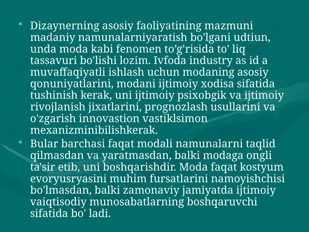 aviylik - modaning tarkibida fundamental qiymatidir. har qanday yangilklar modali bo'la olmaydi, va har qanday modali standartlar va namunalar ham yangi bo'lmaydi (masalan, "relro" ushibf). ekofogik ushib modada yangi yuqori texnobgik sintetik materiallarni ishlatishni inqor etib, ming у шаг maboynidama'lurn an'anaviy zirir, ip, shoyivajun gazlamalarnikirildi. modada yangilik - bu avvalgi modaga nisbatan yangi royalardir. zamonaviylikning qiymati modani muxlisigasiga "vaqtbilan yuruvchi" deb o'zini xisqilishgavatezo'zgaryapgan zamongamoslashishga imkon beradi. universallik (diffuzlik) vaqtdan tashqari xech qanday cheklashni e'tirof etmaydi. kostyum tarixida modaning universalligi xix asrdayuzberdi, xvi asrdaesaevropadaawalitalian,keyin ispan modalarikeng tarqalgandi. modaning rivojlanishi jamiyatni barcha o'zgarishlarini aks etadi: sanoatning gurkurab rrvojlaninishini, yangi transport va kommunikastiya vositalarini paydo bo'lishini, xakjlar aro madanry aloqalarni kuchayishini. madaniy namunalarni bir ijtimoiy guruhdan ikkinchisiga, bir mamlakatdan boshqa mamlakatga o'tishida modaning muhim qiymatlaridan biri universallik xisoblanadi. v.mkrasnov modatarixidauniversallik bilan borliq uch tomoniniajratgai: yagona moda (ibtidoiy jamiyatda); mahsus moda (tabaqali jamryatda); ommabop moda (demokratik jamiy atd a). qisqayaqtdavomidaommabop bo'lgan hodisalarni "modadoirasida ichki …