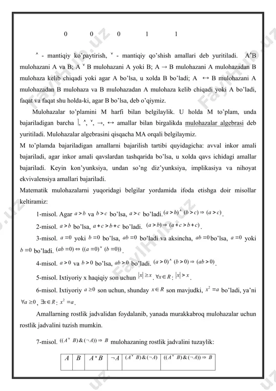 adi” degan mulohaza “komil inson bo‘lmagan shaxs chuqur bilimga ega bo‘lmaydi” degan mulohazaga teng kuchli. 5. ( a )a ; ( a)a - de morgan[footnoteref:2] qonunlari . [2: de morgan (augustus de morgan (1806 - 1871) – british mathematician.] de morgan qonunlari inkor amali yordamida kon’yunksiya va diz’yunksiya amallarini bir-biri bilan almashtirishga imkon yaratadi. masalan, 1) «halol va vijdonli inson axloqli bo‘ladi» mulohazaning inkori «halol bo‘lmagan yoki vijdonli bo‘lmagan inson axloqsiz bo‘ladi» mulohazaga teng kuchli. 2) «men darsdan so‘ng yo kutubxonaga, yo do‘stimnikiga bordim» mulohazaning inkori “men darsdan so‘ng kutubxonaga ham, do‘stimnikiga ham bormadim” mulohazaga teng kuchli. 6. . masalan, «agar bo‘sh vaqtim bo‘lsa, unda televizor ko‘raman» mulohaza «yoki bo‘sh vaqtim bo‘lmaydi, yoki televizor ko‘raman» mulohazaga teng kuchli. 7. ; – kommutativlik qonunlari. kommutativlik qonunlari o‘z-o‘zidan ravshan bo‘lsa ham, ularni o‘ylamasdan qo‘llashda muammolarga duchor bo‘lish mumkin. bu holatga klini[footnoteref:3] misolini keltiramiz: [3: stephen cole kleene (1909-1994) – american mathematician ] …