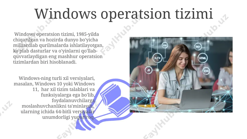 bilan ta'minlangan. linux operatsion tizimi o'zining modulli arxitekturasi va kernel-dan foydalanish orqali 2000 yillar boshlaridan beri ta'lim muassasalaridagi kompyuterlarning kamida 10% ni tashkil etadi. operatsion tizimlarning turlari operatsion tizimlar ikki katta toifaga bo'linadi: server va klient tizimlari. serverlar katta hajmdagi ma'lumotlarni qayta ishlashga, 1000 dan ortiq foydalanuvchilarga xizmat ko'rsatishga mo'ljallangan. zamonaviy operatsion tizimlarning ko'pchiligi 64-bitli arxitekturaga asoslangan bo'lib, bu ularning ishlash tezligini va imkoniyatlarini sezilarli darajada oshiradi. masalan, windows, macos, linux. ma'lumotlarni tahlil qilish va hisobotlar zamonaviy ta'lim texnologiyalari yordamida o'quvchilarning progressi 5% ga oshdi, bu esa 100 talik shkalada o'rtacha ballarning 72 balldan 76 ballga o'sganini ko'rsatadi. o'quv jarayonini kuzatish uchun ishlatiladigan dasturlar 20 dan ortiq ko'rsatkichlarni tahlil qiladi, shu jumladan, o'quvchining faolligi, test natijalari va topshiriqlarni bajarish muddatlari. simsiz texnologiyalar va ulanish 01 02 bulutli texnologiyalar, kabi google drive yoki dropbox, 10 tb gacha bo'lgan ma’lumotlarni saqlash va sinxronlash imkonini berib, bir nechta qurilmalardan foydalanishni qulaylashtiradi. sales 1st …