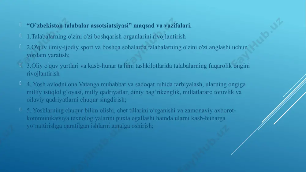 irishga, intellektual bo'sh vaqtni tashkil qilish uchun yangi formatlarni yaratishga, talabalarning munozarali harakatlarini rivojlantirishga yordam beradi. xalqaro hamkorlik yo'nalish milliy va talaba kasaba uyushmalari va yaqin va uzoq xorijiy uyushmalar bilan har tomonlama xalqaro hamkorlik tizimini rivojlantirishga, talabalar hayotini tashkil etish bo'yicha ilg'or tajribalar bilan almashishga qaratilgan. vatanparvar yo'nalish talabalar muhitida vatanparvarlik tuyg'ularini tarbiyalashga, chaqirilishga qadar talaba yoshlar bilan tizimli ishlashga qaratilgan madaniyat va san’at yo'nalishning maqsadi - kasb-hunar ta'limi tashkilotlari va oliy o'quv yurtlarida talabalarning kasbiy bo'lmagan ijodkorligini qo'llab-quvvatlash va rivojlantirishning keng qamrovli tizimini shakllantirish. sport yo'nalish yangi avlod sport menejerlari va bo'sh vaqtlarini unumli o’tkazish , sport tashkilotchilarini tayyorlash, sog'lom turmush tarzini targ'ib qilish, talabalarni ommaviy sportga jalb etishga qaratilgan. chet ellik talabalar yo'nalish chet ellik talabalarning mahalliy ta'lim muhitiga tizimli moslashuvini amalga oshiradi va xalqaro talabalar hamjamiyati oldida rossiyaning ijobiy obro'sini yaratishga qaratilgan. ko'ngillilik dastur talabalarni ko'ngilli harakatlarga jalb qilish va ijtimoiy foydali faoliyat bilan shug'ullanishga qaratilgan …