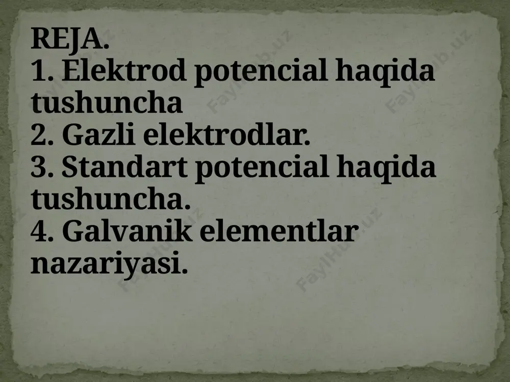 si hosil bo‘ladi. oddiy moddalarni qaytaruvchi-oksidlovchi xossasi uzgacha bo‘ladi. elektrod potenciallar uchun eritmalardagi oddiy moddalar reaksiyada kristall panjaradagi atomlararo bog‘lanishni uzishga sarf bo‘lgan energiyani hamda ionlarni eritmaga o‘tishdagi gidratlanish energiyasini xisobga olish kerak. mis va ruxni d. i. mendeleevning elementlar davriy sistemasida joylanishiga karab ionlanish energiyasining qiymati cu=738 va zn=901 kj ga teng. mis elementi rux elementiga karaganda kuchlirok qaytaruvchilik xususiyatiga ega bo‘lish kerak, lekin misning kristall panjarasidagi bog‘lanish ancha mustaxkam. shuning uchun mis ionining rux ioniga nisbatan gidratlanish energiyasi kam. bu esa mis ionlarini eritmaga o‘tishini qiyinlashtiradi. shuning uchun mis ruxga nisbatan juda kuchsiz qaytaruvchidir. elektrod potencialning qiymati metallning tabiatiga, eritmadagi ionlar koncentratsiyasiga va temperaturaga bog‘liq bo‘ladi. gazli elektrodlar gaz va gaz ioni bo‘lgan eritma bilan to‘qnashib turadigan biror noaktiv metall o‘tkazgich (rt) dan iboratdir. metall o‘tkazgich elektronlar okimini hosil qiladi, uzi esa eritmaga ion bermaydi. gazli elektrodlar normal vodorod elektrodni kurib chikaylik. platina plastinkasini aktiv vodorod ionlar koncentratsiyasi …