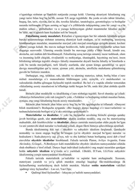 va yangi axborot texnologiyalarining, shuningdek ommaviy kommunikasiya vositalarining jadal sur’atlarda rivojlanishi bilan belgilangan muammolarni kun tartibiga qo’ygan postnoklassik falsafa shakllandi. bu falsafa vakillari «tarixiy rivojlanishning tugallanganligi», barcha ma’nolar va g’oyalar «aytib bo’linganligi» haqida mushohada yuritib, inson o’ziga yog’ilayotgan axborotga ishlov berishga qodir emasligiga e’tiborni qaratar ekan, notizimlilik, yevropa an’anaviy falsafiy bilimining negizlari, qadriyatlari va chegaralarini o’zgartirish g’oyasini ilgari surdilar. nihoyat, xx-xxi asr chegarasida eng yangi falsafada birinchi o’ringa chiqqan va eng muhim mavzular qatoridan o’rin olgan yana bir mavzu globallashuv jarayonlarining mohiyatini va ularning rivojlanish yo’nalishini aniqlashga alohida e’tibor qaratildi. bu jarayonlar hozirgi vaqtda jamiyat hayotining deyarli barcha jabhalarini qamrab oldi va davrimizning olamshumul muammolarini yuzaga keltirdiki, ularning nazariy va amaliy yechimini topish bu muammolarni shu jumladan falsafiy darajada anglab yetishni ham nazarda tutadi. xalqaro miqyosda alohida e’tibor berish va kelishilgan harakatlarni taqozo etuvchi eng muhim muammolar qatoriga ekologiya, demografiya, xavfsizlik, xalqaro jinoyatchilik, energetika resurslari, qashshoqlikka chek qo’yish muammolarini kiritish …