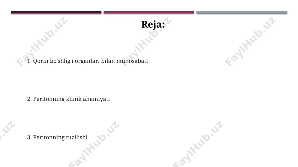 i organlarining harakatlanishini va moslashuvchanligini ta'minlaydi, masalan, 20 ga yaqin segmentli ingichka ichak. bachadonning peritoneal munosabatlari bachadonning peritoneal qoplamasining uzluksizligi, tuxumdonlarning 10-15 mm kattalikdagi qoplamali qismini o'z ichiga oladi va bu orqali 2 ta asosiy qon tomirlari o'tadi, shu bilan birga, 4 ta asosiy ligamentlarga ulanadi. qorin bo'shlig'ining 2 qavatli periton parda tuzilishi, ayniqsa, ayol jinsiy a'zolari, jumladan, bachadonning old va orqa yuzalarini qoplaydi, shu bilan birga, 3 ta asosiy bog'lovchi apparat orqali o'zaro bog'langan. bachadonning periton bilan munosabati, kichik chanoqdagi topografik joylashuviga bog'liq bo'lib, tos suyaklari bilan 1-2 sm masofada joylashgan ligamentlar orqali mahkamlanadi. qovuqning peritoneal munosabatlari qovuqning orqa devori, ayniqsa, erkaklarda, prostata bezining orqa yuzasi va denonvillier faziyasi bilan chegaralangan holda, peritoneal bo'shlig'idan ancha uzoqda joylashgan. ayollarda, qovuqning orqa devori bachadon bo'yni bilan yaqin aloqada bo'lib, peritoneum ushbu tuzilmalar orasidan o'tib, douglas cho'ntagini hosil qiladi, bu esa ginekologik tekshiruvlar davomida muhim ahamiyatga ega. qovuqning old devori parietal peritoneum …