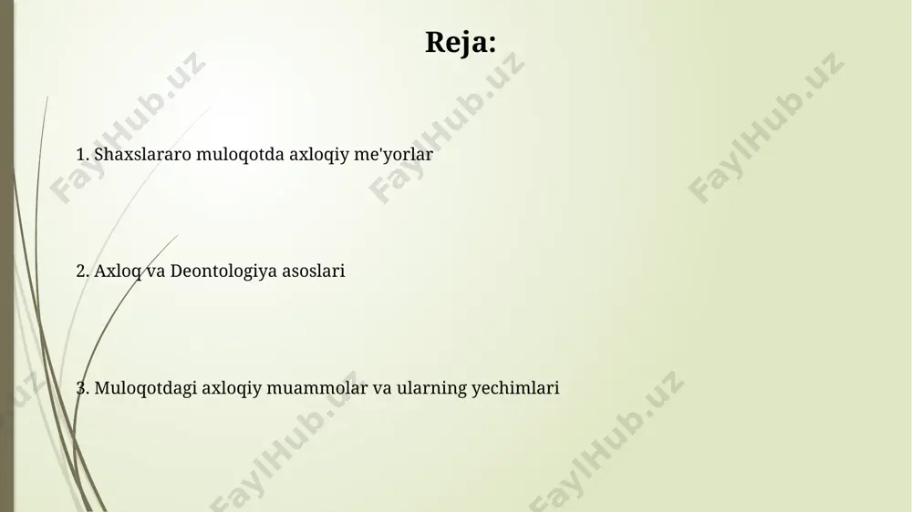 uzilishiga olib kelishi mumkin. axloqiy jihatdan noto'g'ri munosabatlarning 70% dan ortig'i manipulyatsiya va aldovdan kelib chiqadi, bu esa uzoq muddatli salbiy oqibatlarga olib keladi. shaxsiy munosabatlardagi axloqiy me'yorlar ochiq va halol muloqotda yolg'on gapirish, g'iybat qilish kabi 2 ta asosiy axloqiy me'yorlarning buzilishi, ishonchsizlik va munosabatlarning buzilishlariga olib kelishi mumkin. shaxsiy munosabatlarda 5 ta asosiy axloqiy printsip mavjud: hurmat, rostgo'ylik, adolat, mas'uliyat va mehr-oqibat. ularning buzilishi munosabatlarning buzilishiga olib kelishi mumkin. deontologik nazariyalar va interpersonal kommunikatsiya interpersonal kommunikatsiyada yolg‘on gapirish deontologik nuqtai nazardan har doim noto‘g‘ri hisoblanadi, natijalarga qaramasdan, chunki u 2-shaxs huquqlarini buzadi. deontologik yondashuvlar, masalan, kantning kategoriyal imperativi, interpersonal kommunikatsiyada 3 ta asosiy axloqiy printsipni – xolislik, hurmat va javobgarlikni ta’kidlaydi. interpersonal kommunikatsiyada mas'uliyat interpersonal kommunikatsiyada 3 ta asosiy axloqiy prinsiplar mavjud: haqiqatlilik, hurmat va adolatlilik. ularning buzilishi munosabatlarga jiddiy zarar yetkazishi mumkin. muloqot jarayonida kamida 2 ta tomonning mas’uliyati bo’lib, ularning har biri o’z xatti-harakatlari va so’zlari …