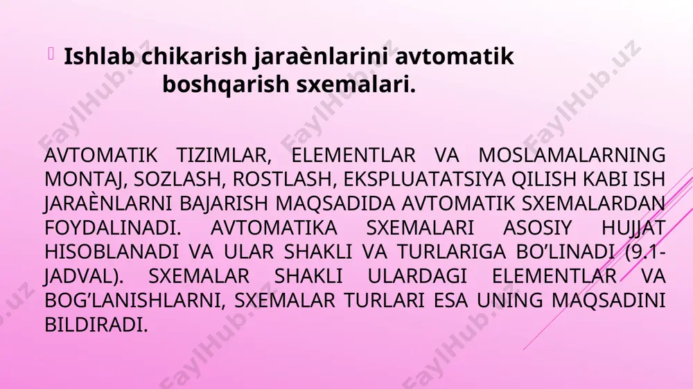 2 22-25 27-30 17-18 25-30 18-20 2. pomidor 10-12 20-29 20-22 25-27 10-13 22-28 8-10 * nazorat savollari 1.qishlok xo’jaligi ishlab chiqarish jaraѐnlarini avtomatlashtirishning axamiyati. 2.avtomatika sxemalari turlari va bajaradigan funktsiyasi (printsipial, funktsional, strukturaviy va montaj sxemalari). 3. kishloq xo’jalik jaraenlarini avtomatlashtirish usullari.